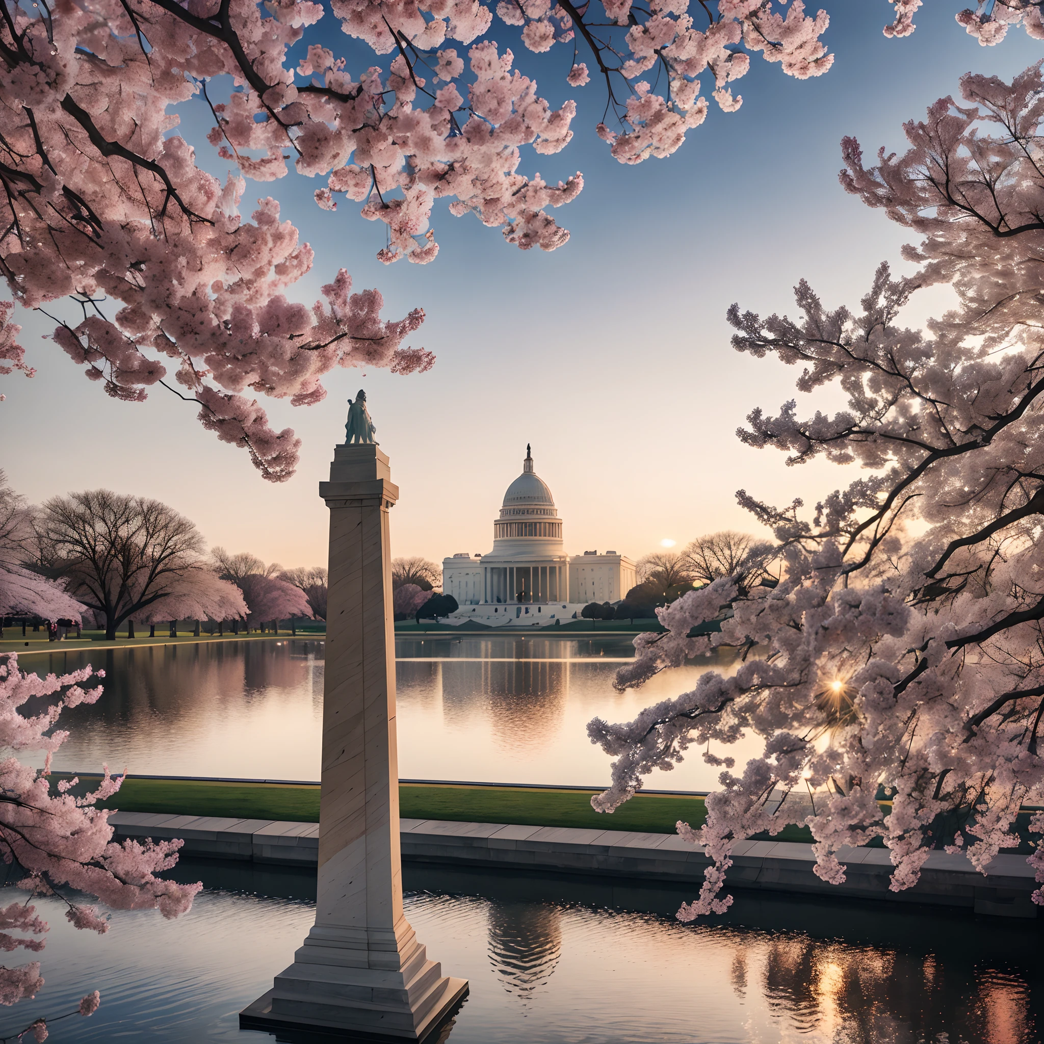 best quality,HD,ultra-detailed,realistic,monument,National Mall,Potomac River,Cherry Blossoms,White House,United States Capitol,Martin Luther King Jr. Memorial,beautiful sunset lighting,vivid colors,bokeh,photography style,neoclassical architecture