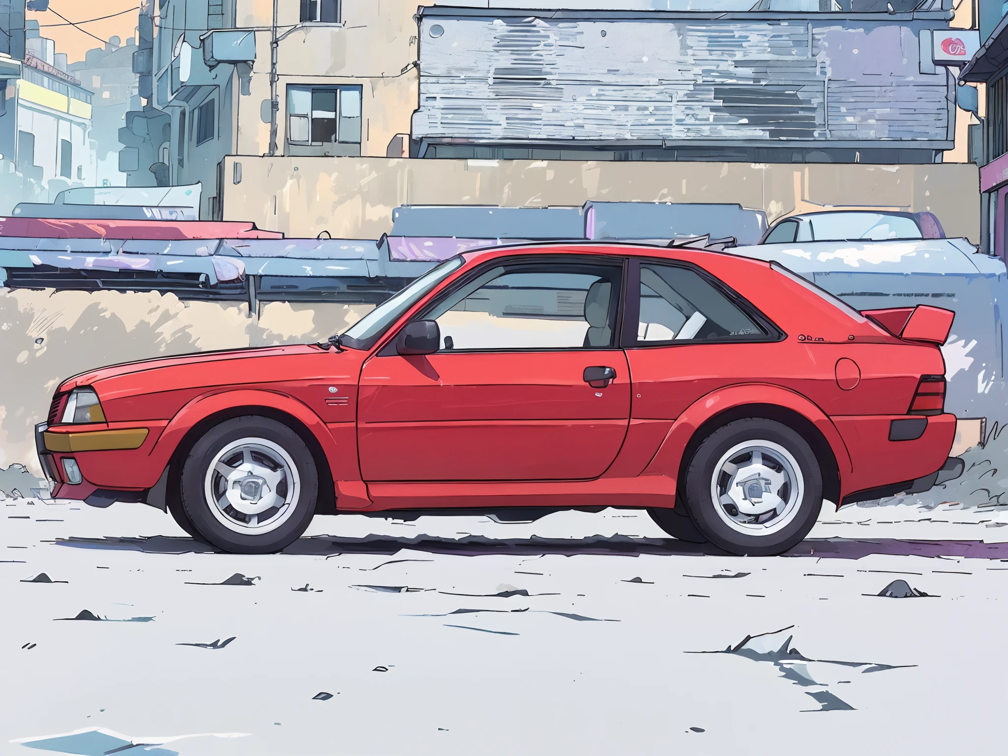 ((melhor qualidade)), ((obra-prima)), 1carro, Audi Quattro; carro branco, gastado pelo tempo, carro potente de outros tempos; ruas suntuosas, sumptuous streets at night, many lights in profusion, azul, roxo, rosa, electric cars around, carros antigos abandonados aqui e ali; 4k, HDR, ultradetalhado, pastel hues, melancolia, feeling of loneliness, objeto da fotografia em 3/4, plano distante, sense of speed, retrowave, cyberpunk, carro pilotado em velocidade, atmosfera anos 80