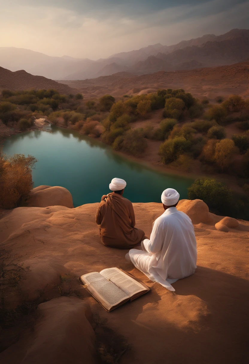 Two muslim man, in night, seat in cave, in cave dark