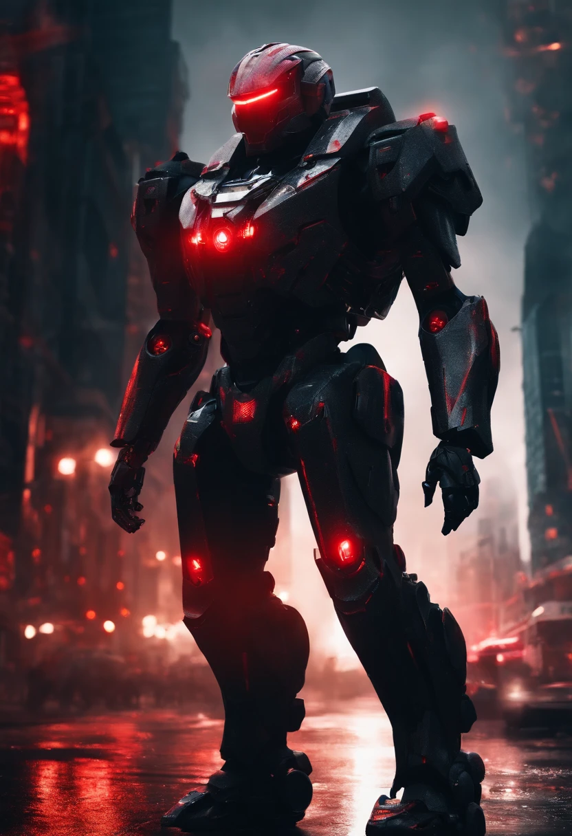 Powerful humanoid robot, avec un armement futuriste sombre et une armure sombre. red lights through the armor. Apocalyptic city background