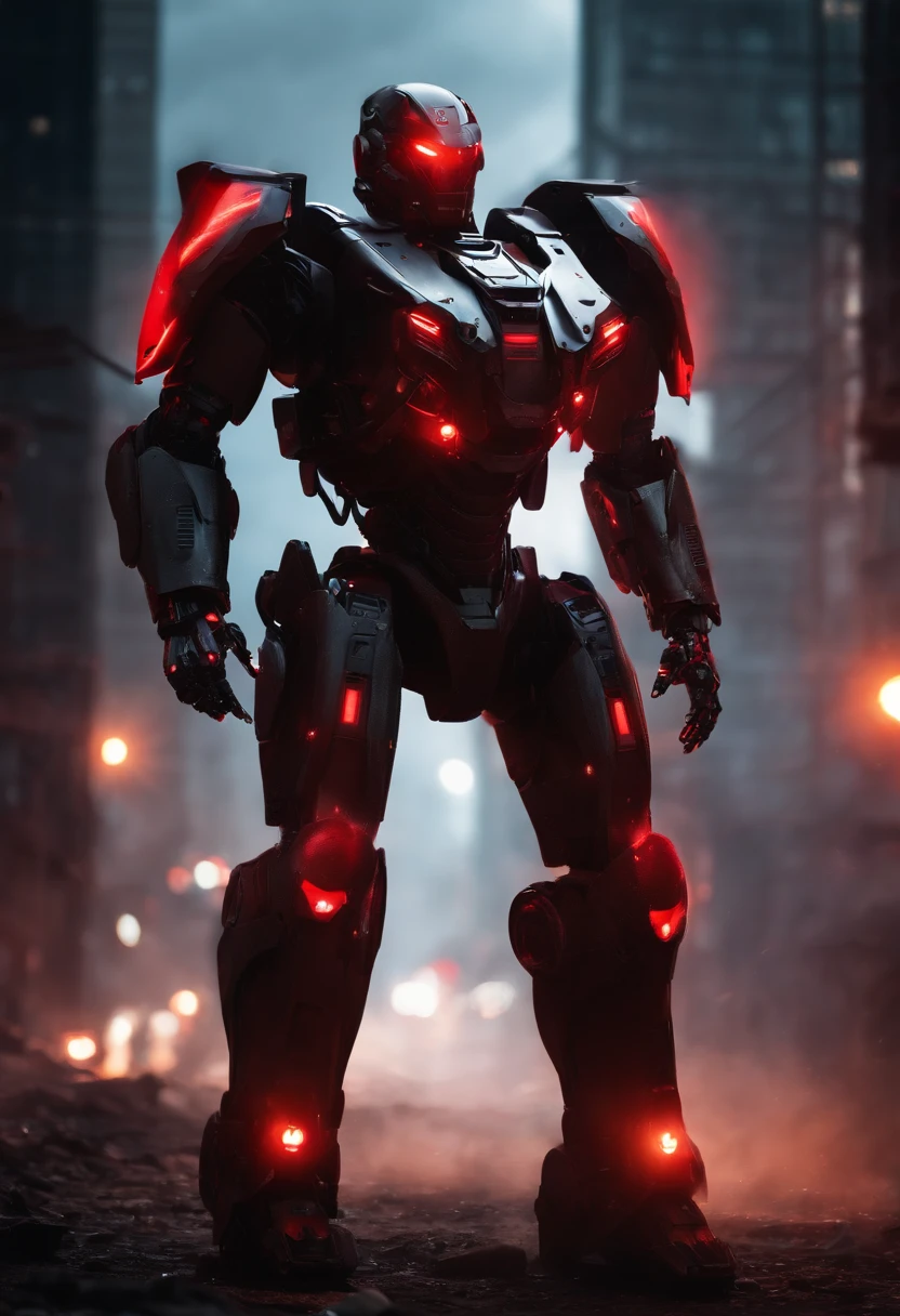 Powerful humanoid robot, avec un armement futuriste sombre et une armure sombre. red lights through the armor. Apocalyptic city background