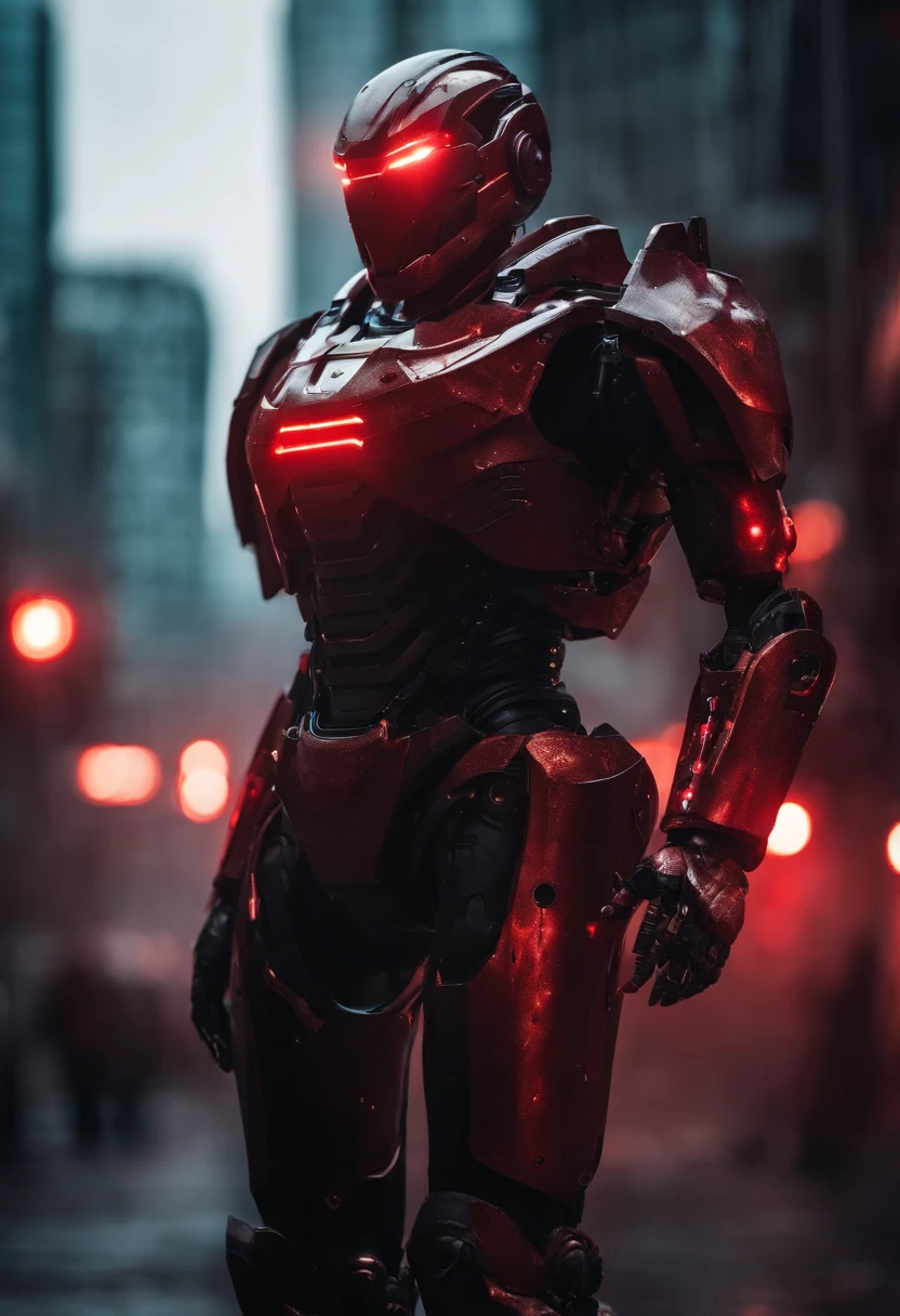 Powerful humanoid robot, avec un armement futuriste sombre et une armure sombre. red lights through the armor. Apocalyptic city background
