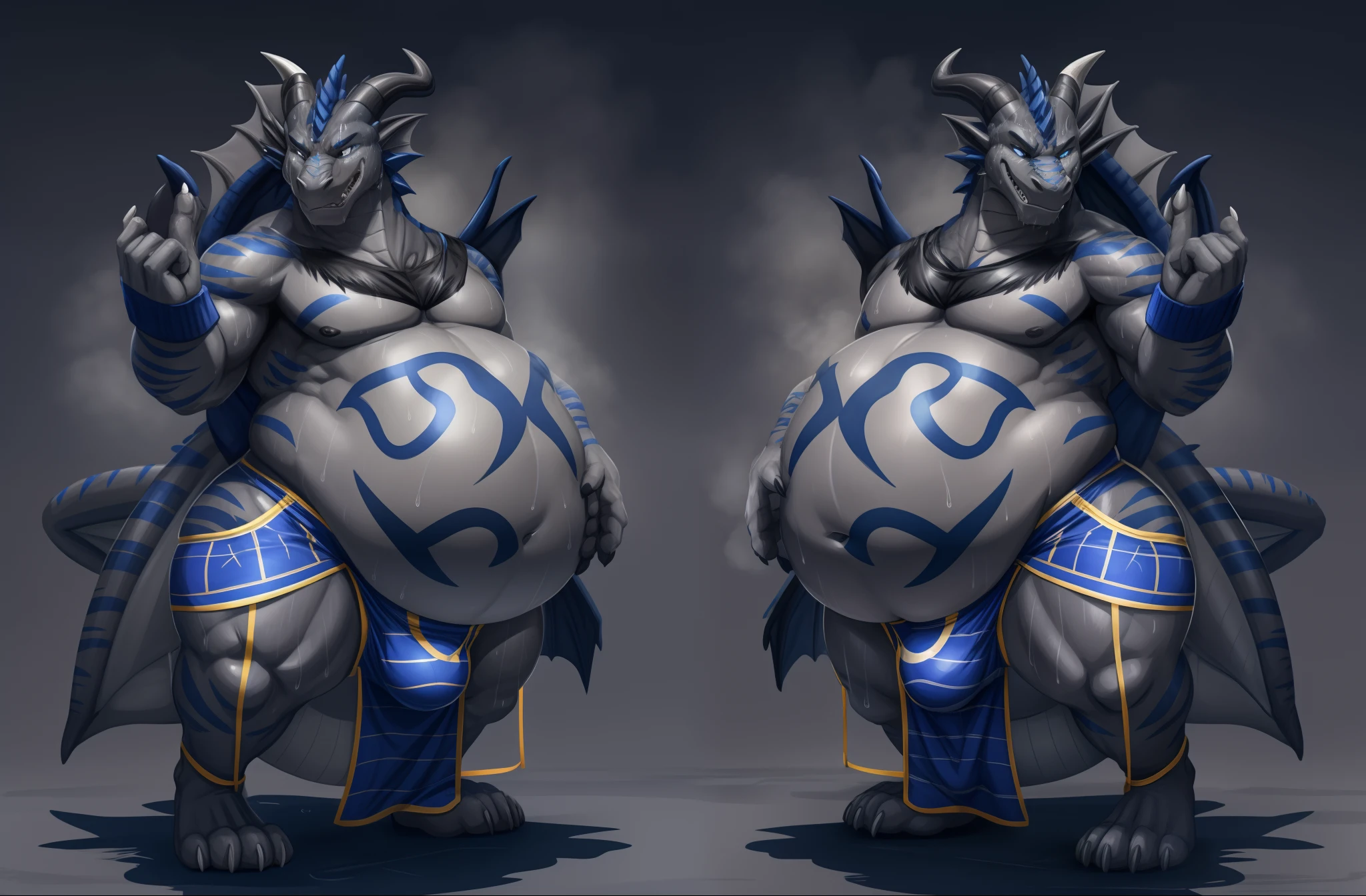 Bulge growth, black anthro dragon, blue stripes, sweating, sweat, blue speedo, grey belly, grey soles, fat, growing belly, belly, big navel