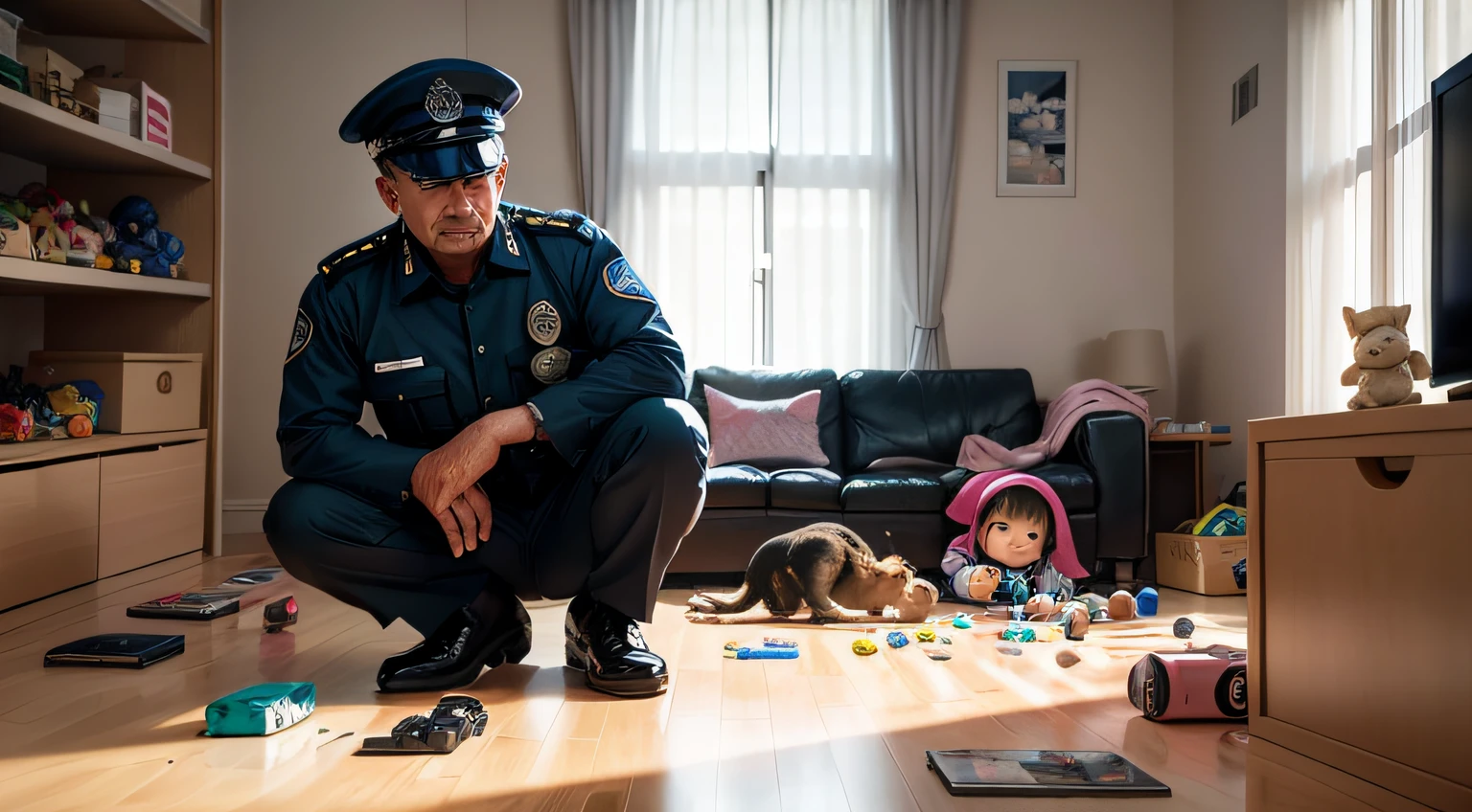 One was wearing a police uniform、The police uncle with a serious expression stood in the middle of the living room, Toys on the living room floor are a mess everywhere