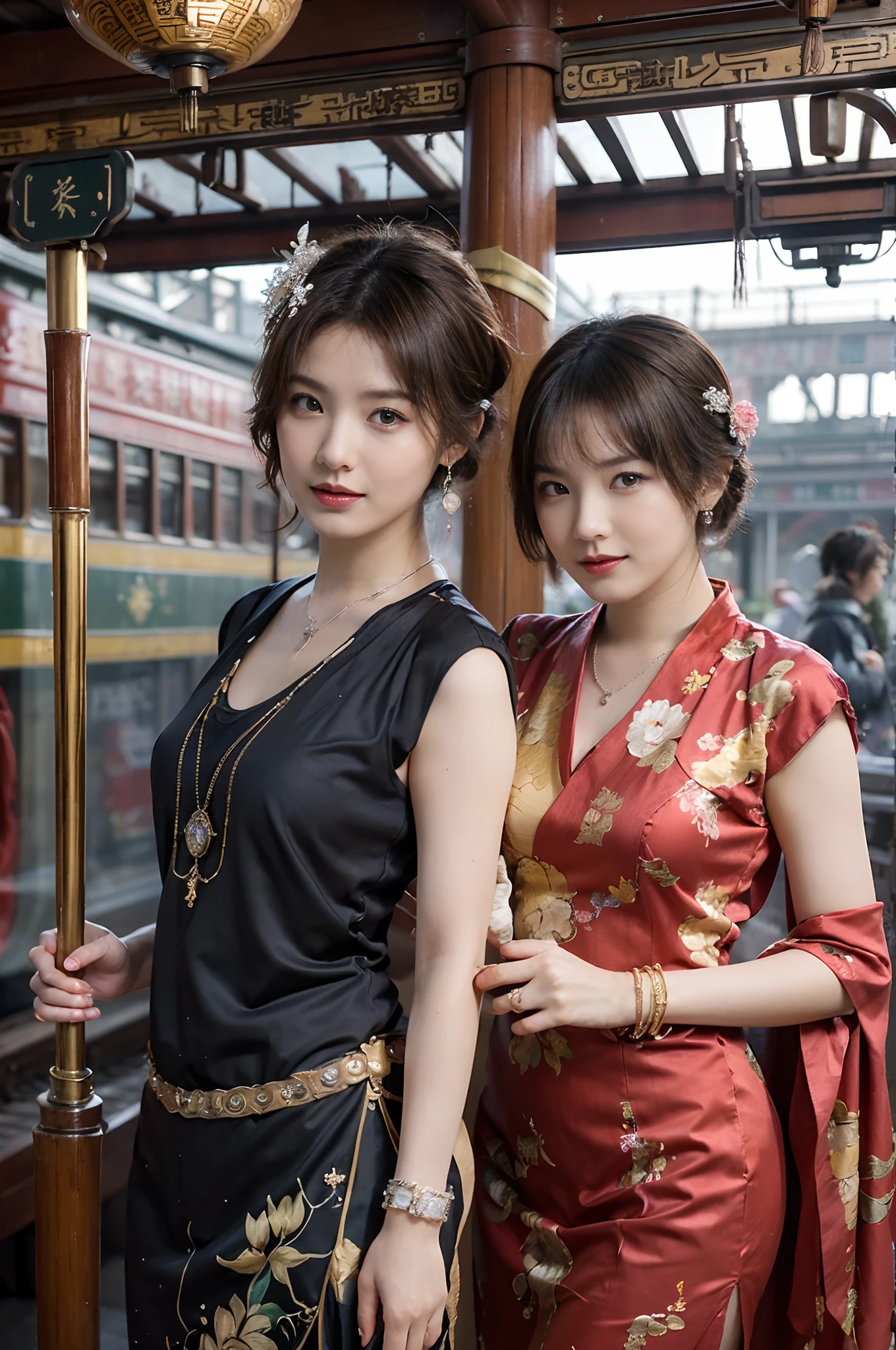 Two beautiful girls,leering:1.4, Lovers, Lesbians,(In the 1920s at the Shanghai Railway Station,Vintage train background:1.6),(Taoist hairstyle,Giant hair sticks:1.6,Oylan hair accessories,armlets, bangle:1.3),bauhause, bulgari, official valentino editorial,half-open lips, Suck your lips firmly, Drooling, elegant, Brilliant, Beautiful, Blush (0.2), Gorgeous, Beautiful, Gorgeous, gentle, Starry sky, Milky Way, Summer triangle, Tanabata and bamboo ornaments, Precise drawings, a detailed drawing,