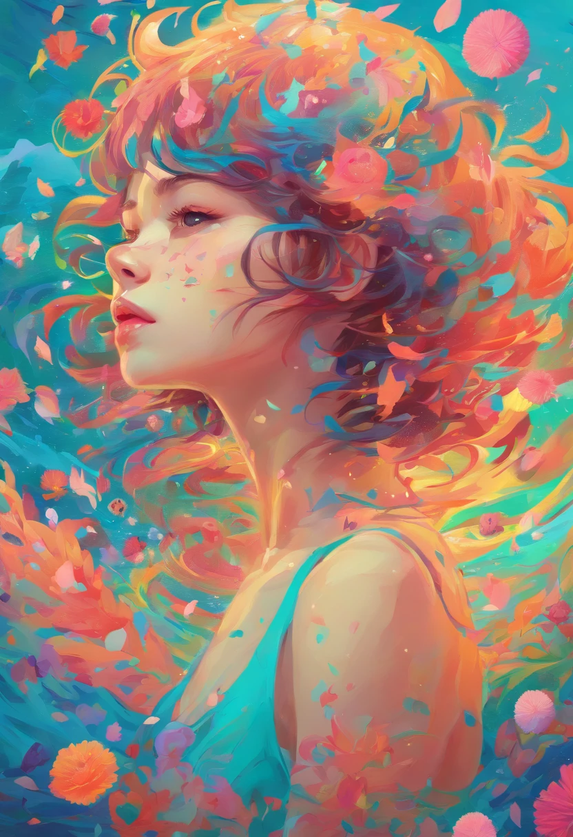 ((top-quality, 8K)), (Realistic), (Face Focus: 1.1), (cyan colors: 1.3), Kawaii Girl, short-hair, 
Hair fluttering in the wind, Facing to the side, Look up at your face, Eyes closed, (Sleeveless: 1.1)、Skirt, D Cup Breasts,Countless petals are falling