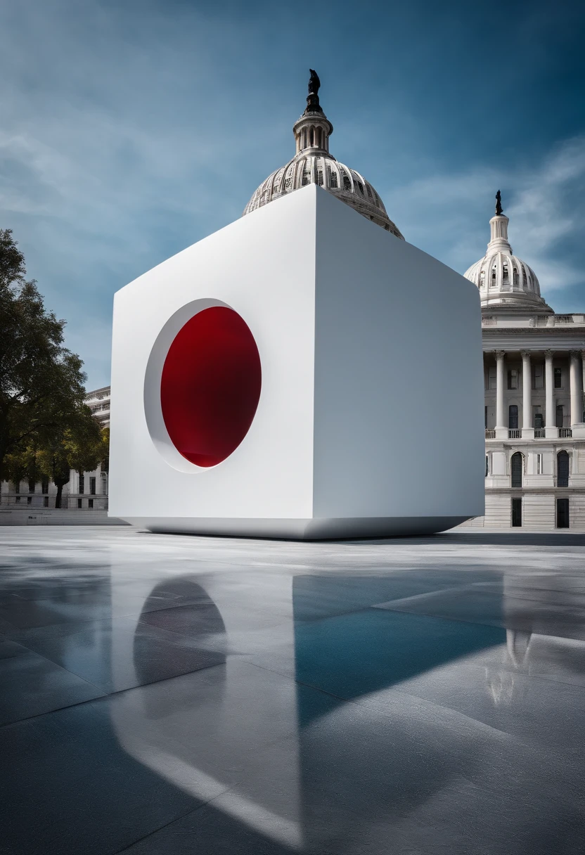 white cube of fifty meters with blue veinlets that stand out on its surface, Posed in front of the Capitol