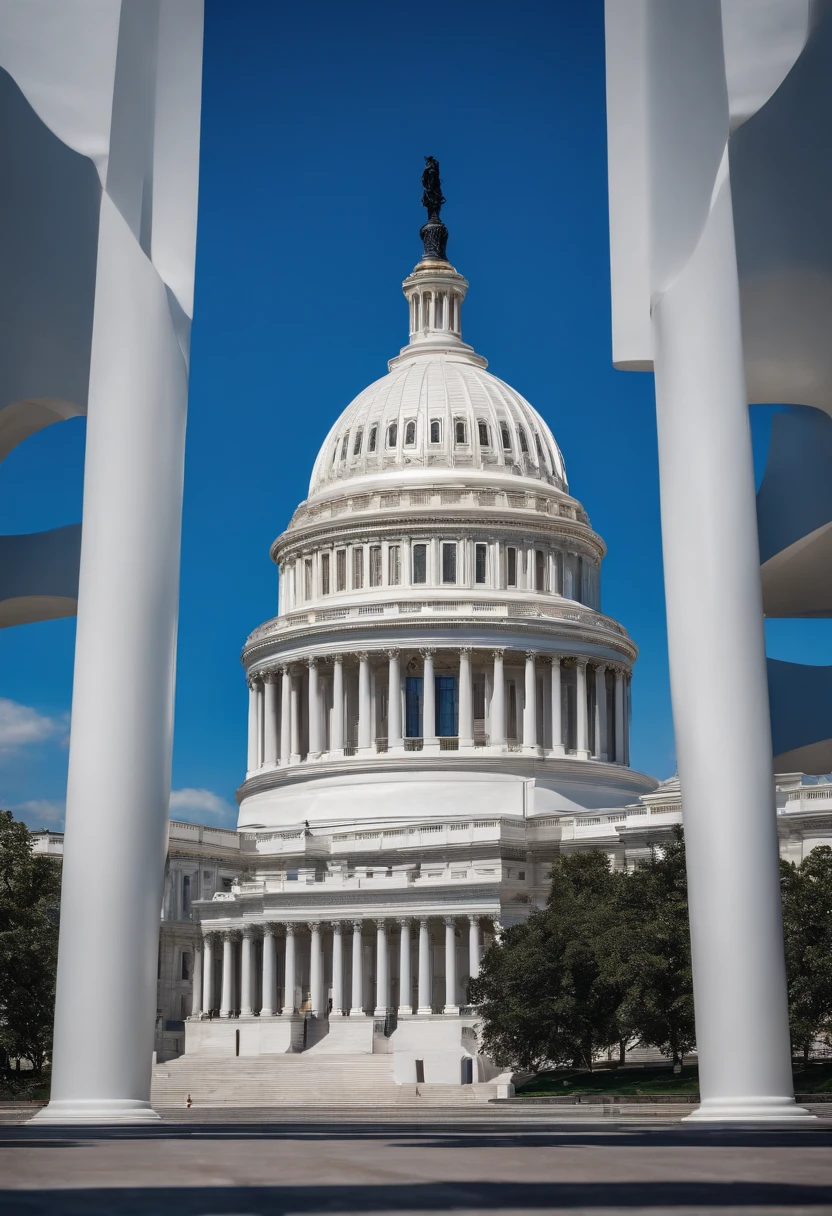 white cube of fifty meters with blue veinlets that stand out on its surface, Posed in front of the Capitol