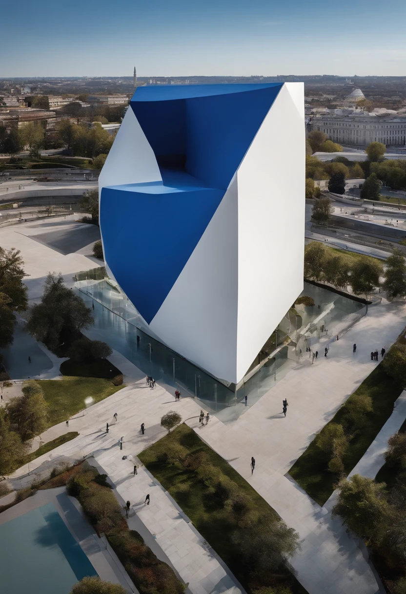 white cube of fifty meters with blue veinlets that stand out on its surface, Posed in front of the Capitol