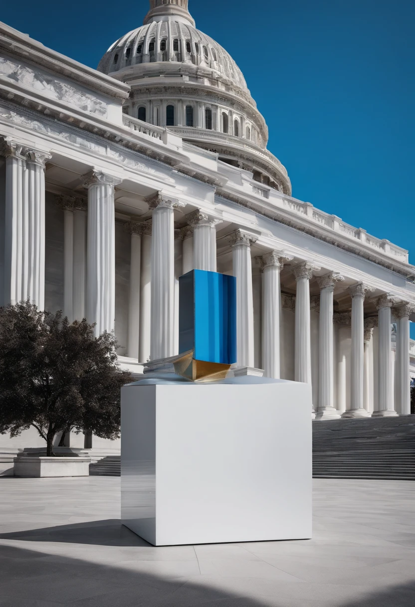 white cube of fifty meters with blue veinlets that stand out on its surface, Posed in front of the Capitol