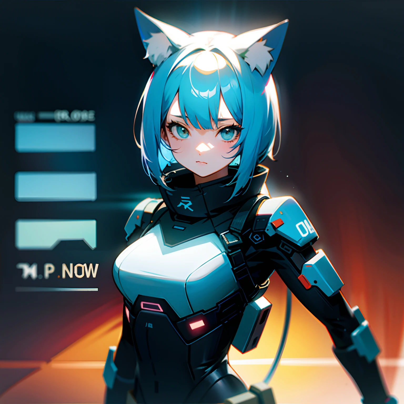 a short bob,girl with,a cool,cyberpunked,Digital World,Nekomimi,lightblue hair