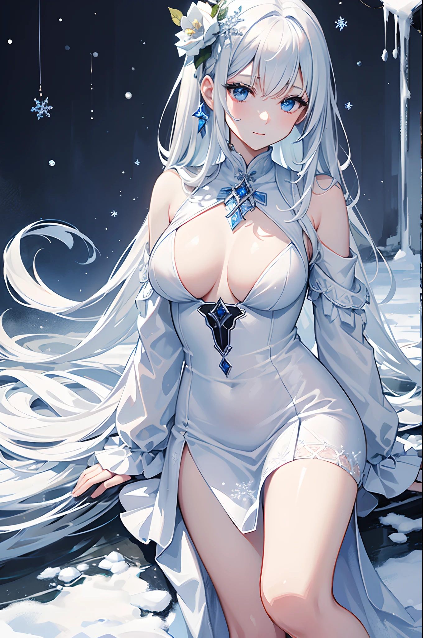masterpiece, highlydetailed, ultra-detailed, cold, solo, (1girl), (pale skin), icyblue eyes, frosty white hair, cool Chara, flat face, young lady, lady chara, medium boobs, Arrogant, confident, cold face, goddess, cool kuudere girl, snowflakes, (frozen flowers:0.5), (calm expression), (sparkling ice crystals), (modern casual clothes), (snow-covered ground), (smile:0.8)