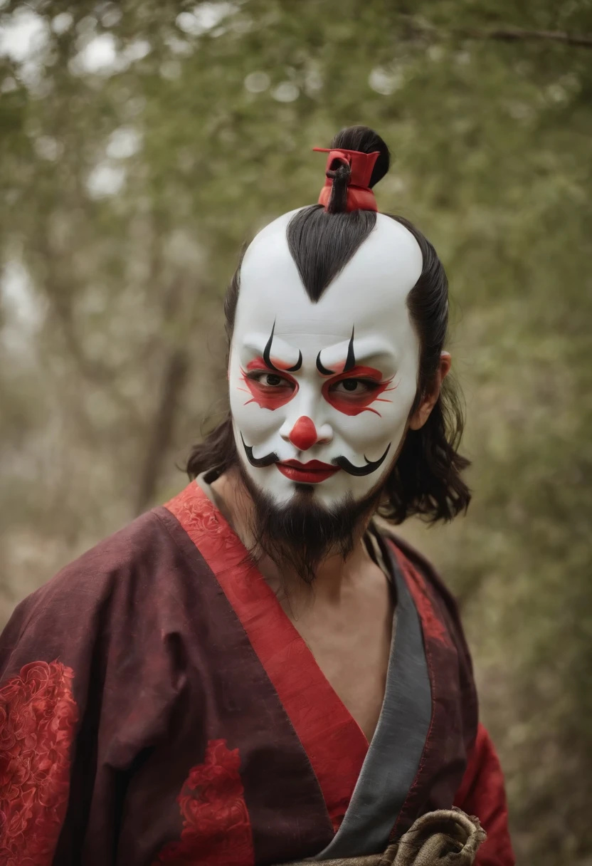 (They Samurai),(Wearing a demon mask ),seulement,Corps entier comme,(Armed with a long sharp knife),Epic artwork,((Style de peinture sur panneau de Kyoto)),Effet de vent:1.9,Effets de nuage:1.2,Rendu complet,Encaustic painting,flammes