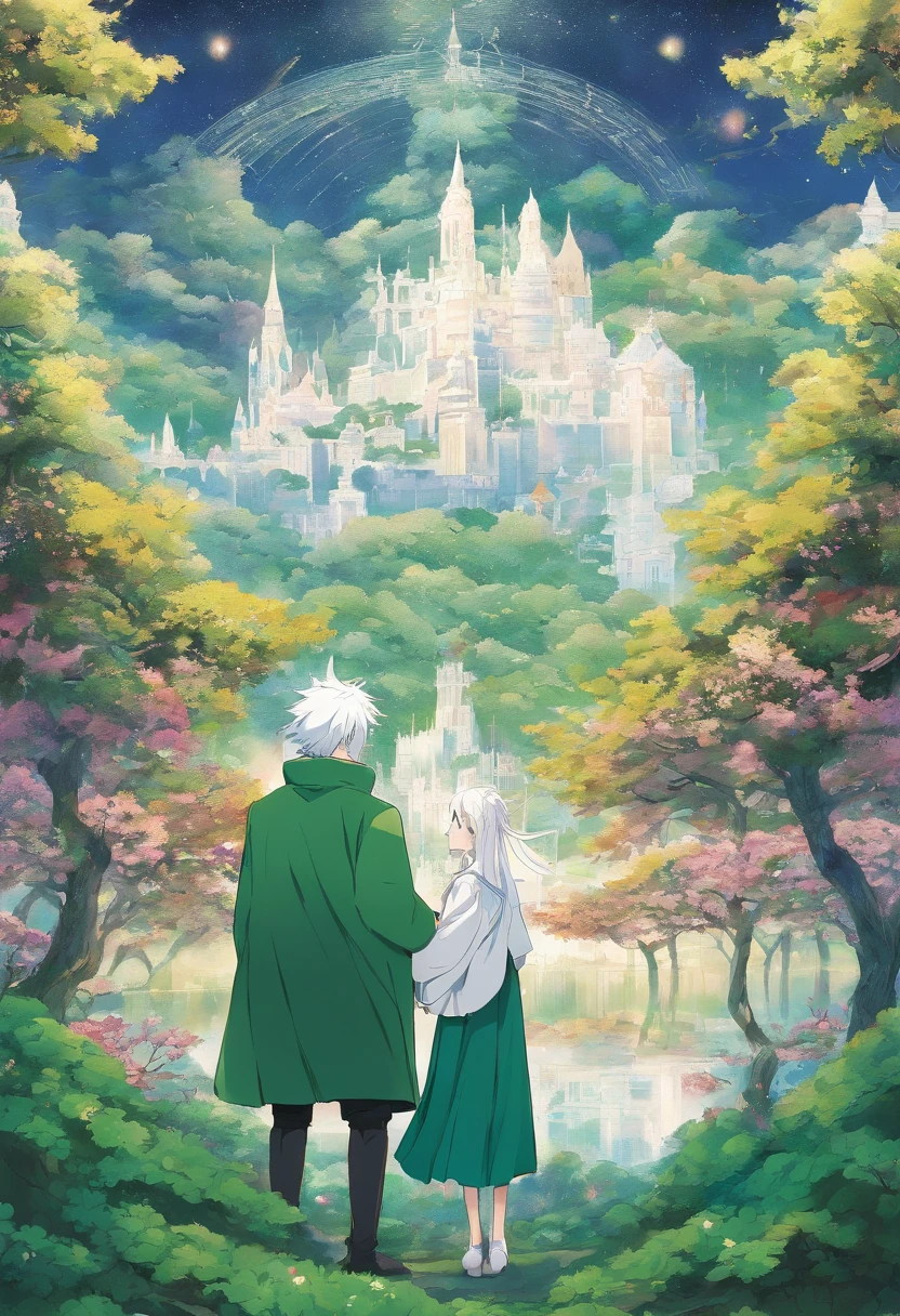 White-haired boy and white-haired girl holding each other's hand looking at a kingdom in front of them, while they are wearing a green overcoat on top both