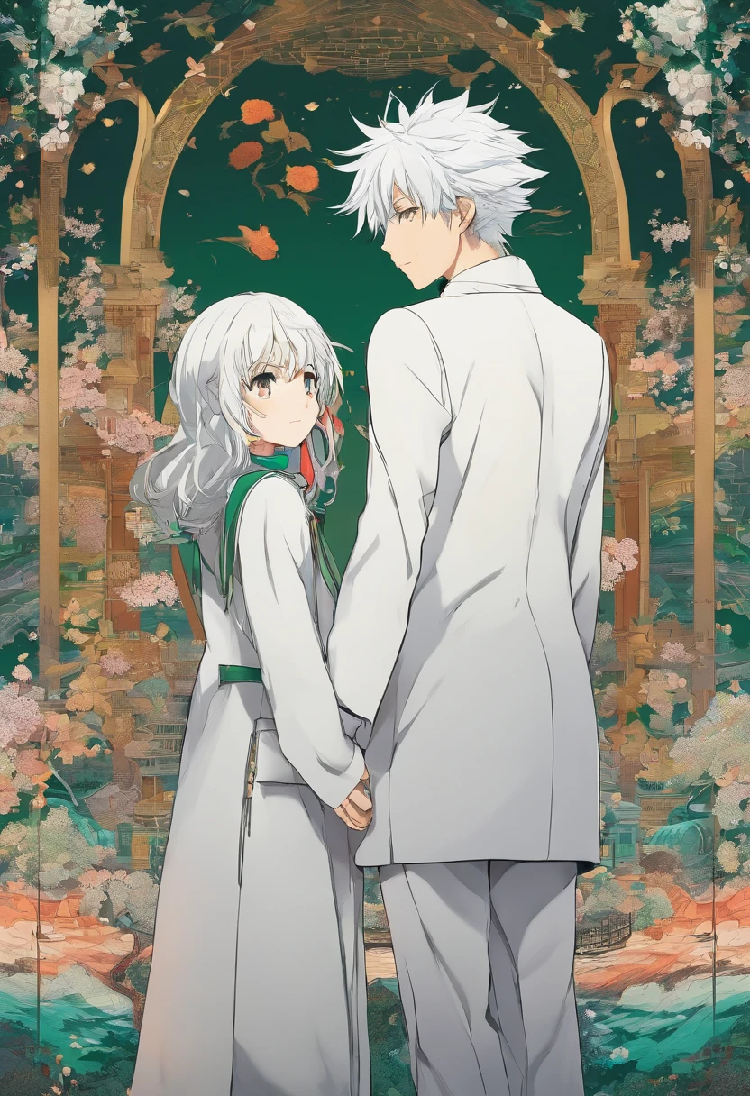 White-haired boy and white-haired girl holding each other's hand looking at a kingdom in front of them, while they are wearing a green overcoat on top both