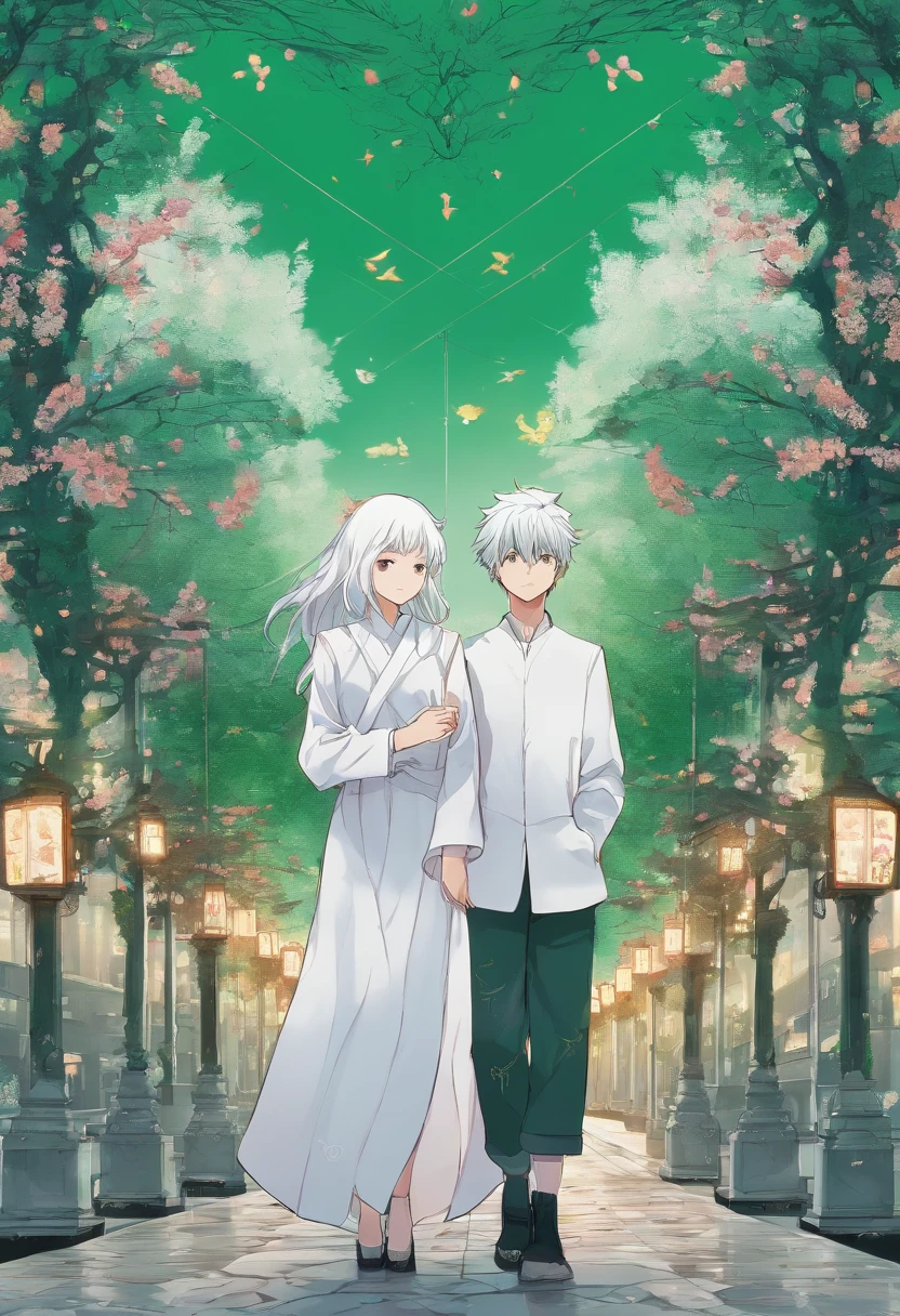 White-haired boy and white-haired girl holding each other's hand looking at a kingdom in front of them, while they are wearing a green overcoat on top both