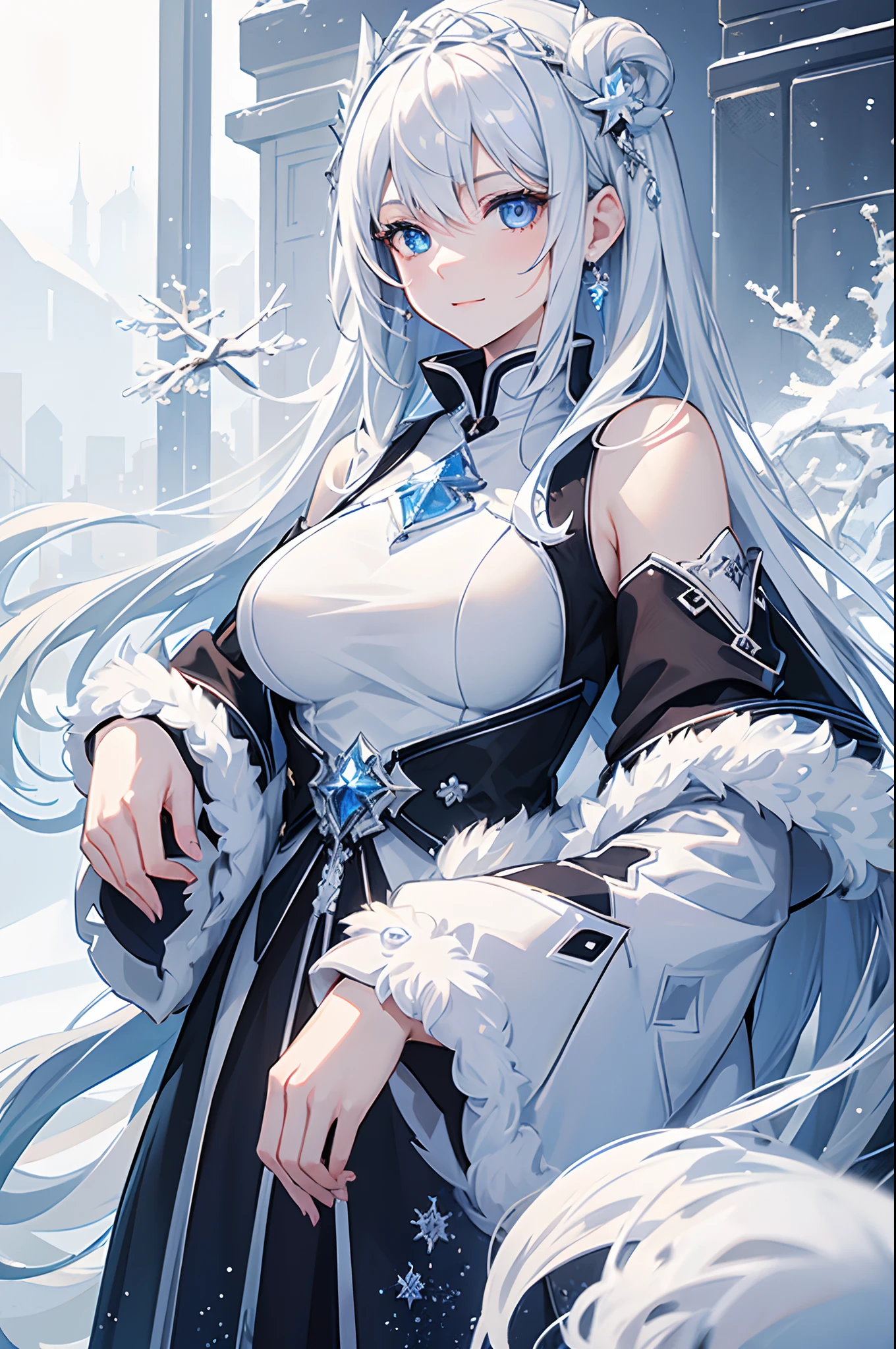 masterpiece, highlydetailed, ultra-detailed, cold, solo, (1girl), (pale skin), icyblue eyes, frosty white hair, cool Chara, flat face, young lady, lady chara, medium boobs, Arrogant, confident, cold face, goddess, cool kuudere girl, sharp eyes, (snowy background), snowflakes, (frozen flowers:0.5), (calm expression), (sparkling ice crystals), (modern casual clothes), (feminine clothes), (snow-covered ground), (smile:0.7)