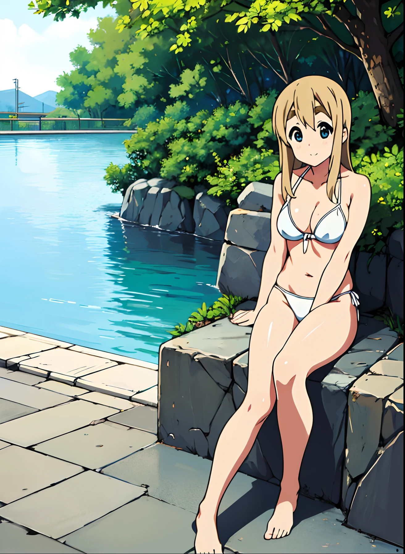 1girl,solo,tsumugi kotobuki, blonde hair, blue eyes, medium hair,(masterpiece:1.3),kyoto animation style,official art,perfect anatomy,super smooth skin,beautiful detailed eyes,best quality,anime colored,large breasts,beautifully shaped breasts,slender body,beautifully skinny legs,(white bikini),(white side tie bottom),pool side,standard height,looking at viewer,summer vacation,in summer,face focus,girlfriend,happiness,smile,:D,sitting,Photo session,knees up,1boy,pov_male,from_above,(in sakuragaoka high school),Gravure photography