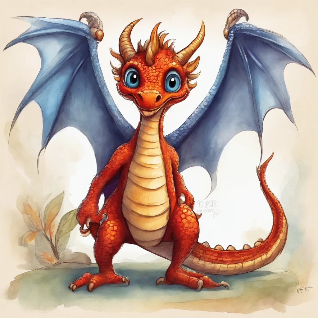 Make a children's book-style drawing of a cute little anthropomorphic dragon with long wings and tail. Ele tem escamas coloridas, big eyes and is smiling. The dragon is wearing a blue sleeveless blouse and red shorts. The clothing is the right size for your body. He is standing on two legs with his arms up in a cheerful pose. The background is a white square. The illustration is colored in the style of cartoon or watercolor. The dragon has many details, is very cute and is learning to dress, The dragon has to be selling an outfit, ele tem que estar vestindo uma camisa.