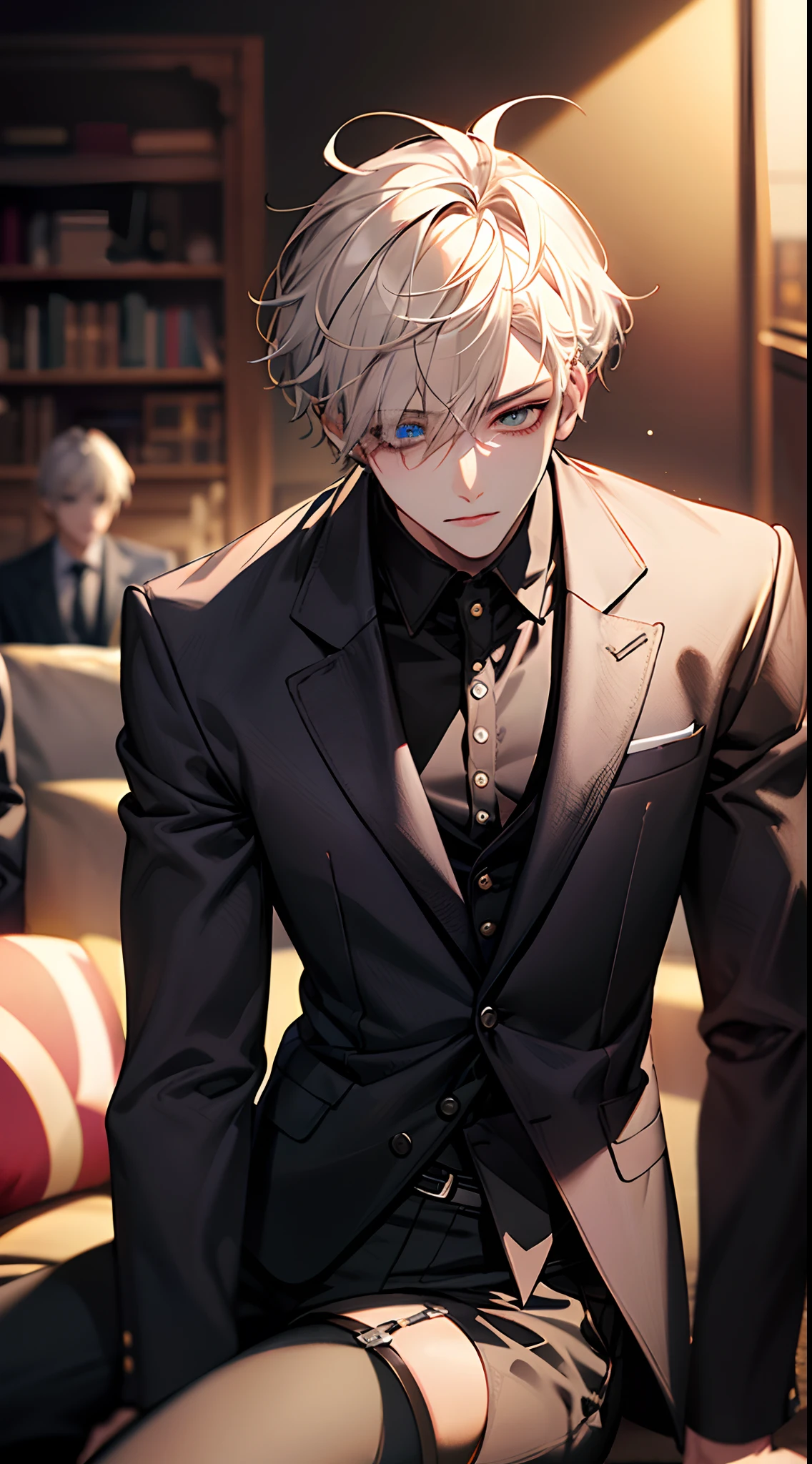 （Best Quority，8K，masterpaintings），1boys，（Eye 1:1，Clear eyes，Elaborate Eyes，Delicate pupils，Details of the eyes，good eyes），Short Hair Hair，black business suits，Face focus，Adults，Black suit，Best Quority，facial detail，Sit in the room，sit on sofa，细致背景，Diffused sunlight，depth of ﬁeld，Background bokeh for optimal light，Best Shadow，cinematiclight，（realskin），raytrace，Unreal Engine 5，Reflective skin，Digital illustration，Game CG characters，super model，（kpop,idol），(Body edge lighting，Colored light sources are around)，There is wind blowing hair，Looking into the distance