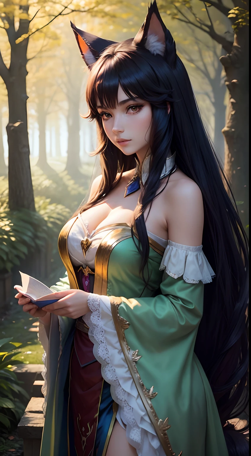 d'Ahri de League of Legends, standing gracefully in the middle of an enchanted clearing in the forest. Ahri should be represented with its characteristic charm, with an air of seduction and mystery in his eyes. Ses neuf queues devraient flotter autour d'elle, semblant presque vivantes, each with a distinct magic sparkle. The clearing should be bathed in a supernatural glow, avec des arbres aux feuilles chatoyantes et des lucioles dansant dans l'air. Show Ahri as a bewitching creature, captivant tous ceux qui la voient. Make sure every detail, from the intricate patterns of her clothes to the bright reflections of her eyes, est rendu avec une grande finesse et une touche de magie."