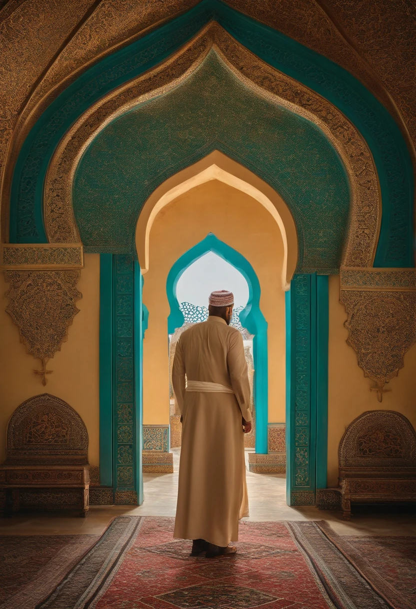 Por favor, generates an image showing Salman al-Farisi content with his nine faith in Allah unique after his spiritual quest