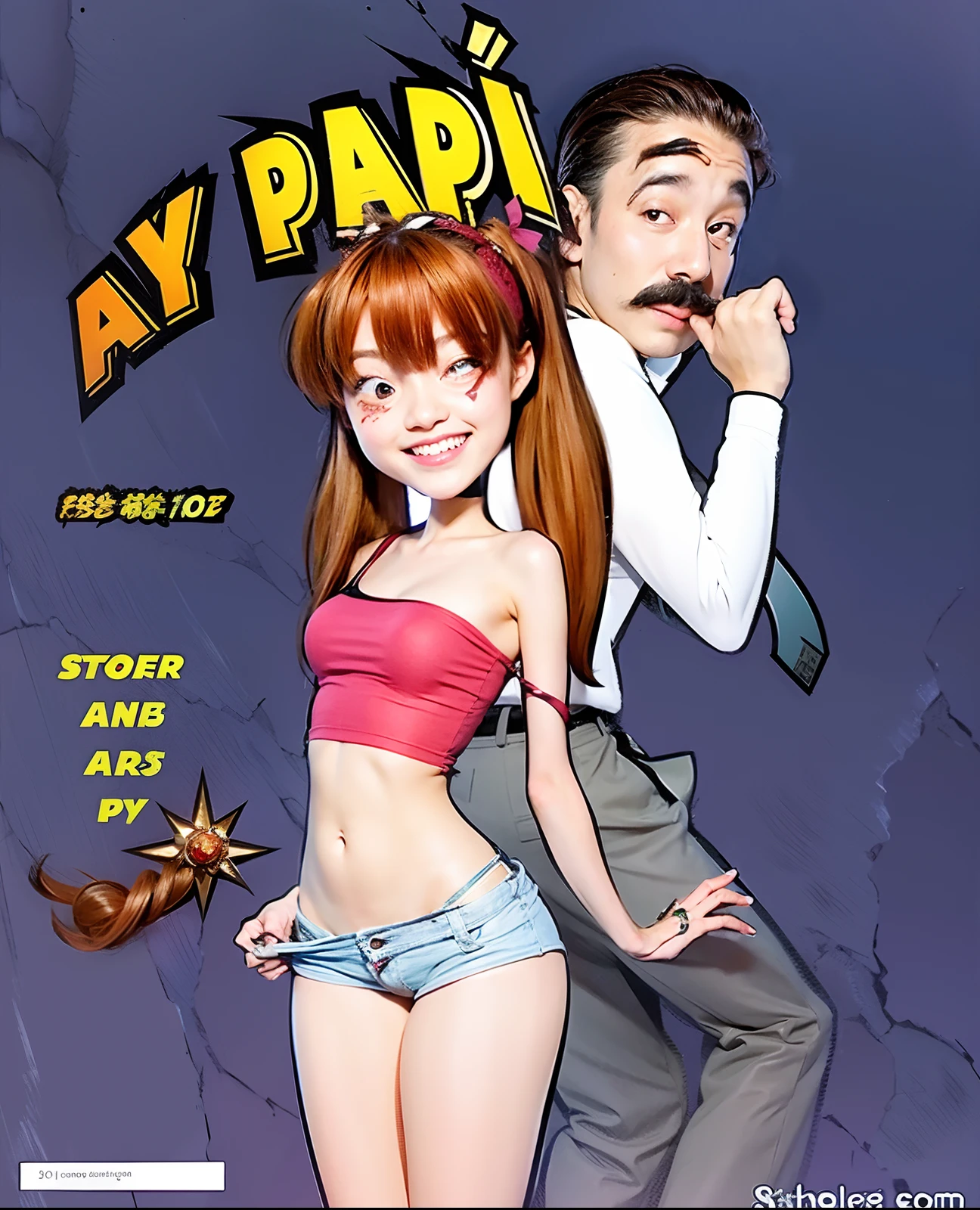 Girl with brown hair,man with brown hair and mustache.