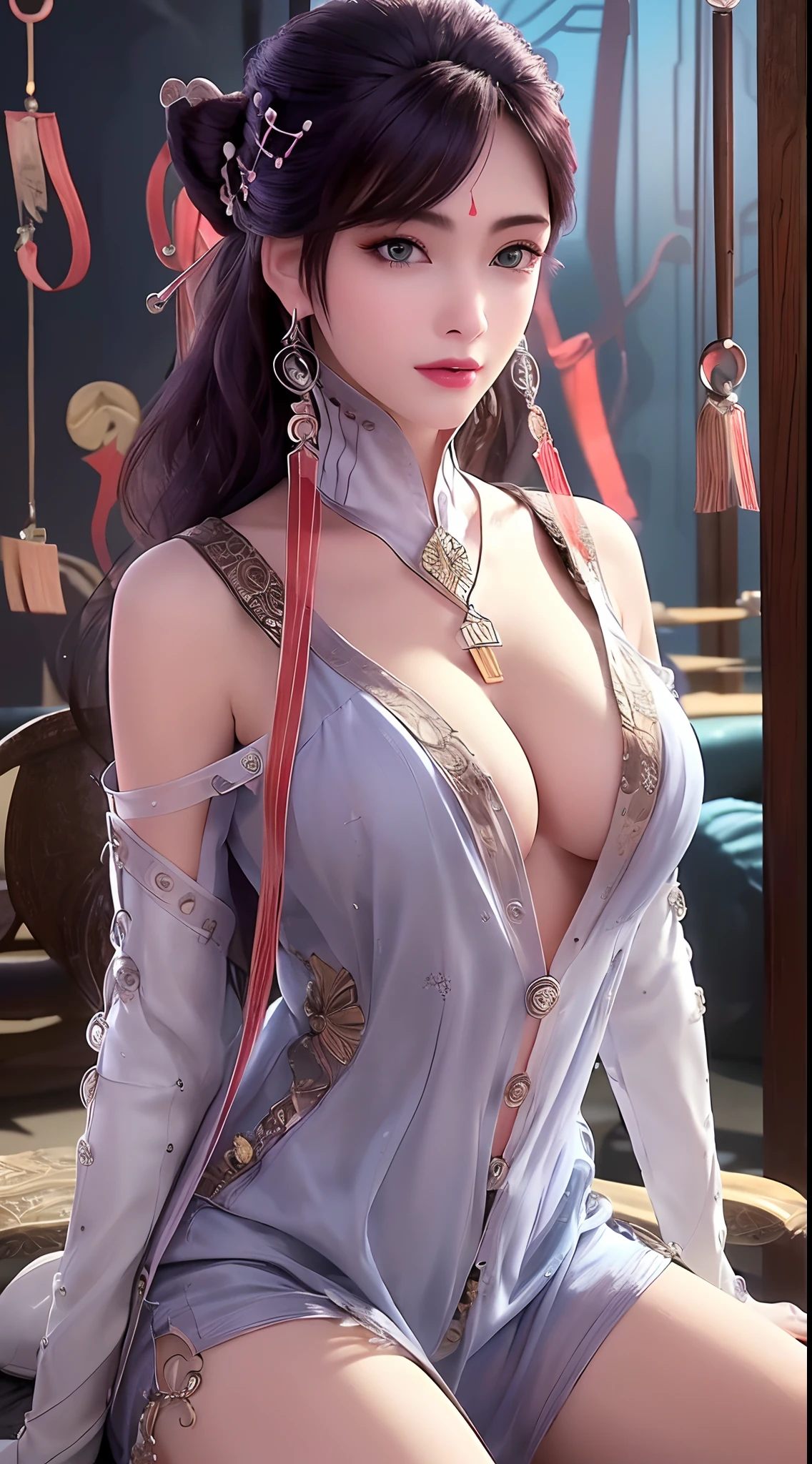 1 beautiful and sexy 20 year old girl, ((ultra-thin sexy nightgown with deep slits to cover :1.8)), ((full nude:1.6)), ((The girl wore an off-the-shoulder dress that revealed her cleavage and exposed her breasts beautifully:1.8)), ((long black hair:1.8)), bangs, elaborate jewelry made from precious stones and beautiful hair, the noble, noble style of an extremely girl beautiful, very pretty and lovely face, ((bright face:1.2)), very pretty face, thin eyebrows, eyes are so beautiful and perfect, flawless beautiful face, ((black pupil: 0.8)), very beautiful eyes, ((eyes silver: 1.5)), ((light purple eyeshadow makeup is very attractive and devilish:1)), beautiful makeup and detailed hairdo, eyelashes, steamy eye makeup, high nose, earrings, plump red lips, beautiful and balanced lips, ((closed mouth: 1.5)), slim hands, beautiful thighs best, ((Sitting position, chest puffed out and arms behind: 1.6)), ((unbutton the girl's shirt:1.6)), ashamed, rosy face, clean face, flawless beautiful face, smooth white skin, (big breasts: 1.3)), ((high breasts: 1.6)), firm breasts, beautiful cleavage, (((big and super round breasts: 1.5))), ((super tight breasts: 1.5)), beautiful breasts, busty breasts, perfect body, thrust your chest forward, 8k photo, super high quality, hyper realistic, super 10x pixels, optical, studio bright, edge bright, two-tone lighting, (high detail skin: 1.2), super 8k, soft light, high quality, volumetric light, optical, high resolution optical, light, best photo, 8k quality, smooth sharpness, (((bright white skin, super bright background: 1.2))), (((super bright skin:1.5))), bright colors harmonious light, ((red flower background:1.5)), aurora, lightning, surreal graphics, most realistic graphics, alone, solo, Extremely sharp, surreal images, look at the beautiful girl's body, (((frontal portrait: 1.2)))."
