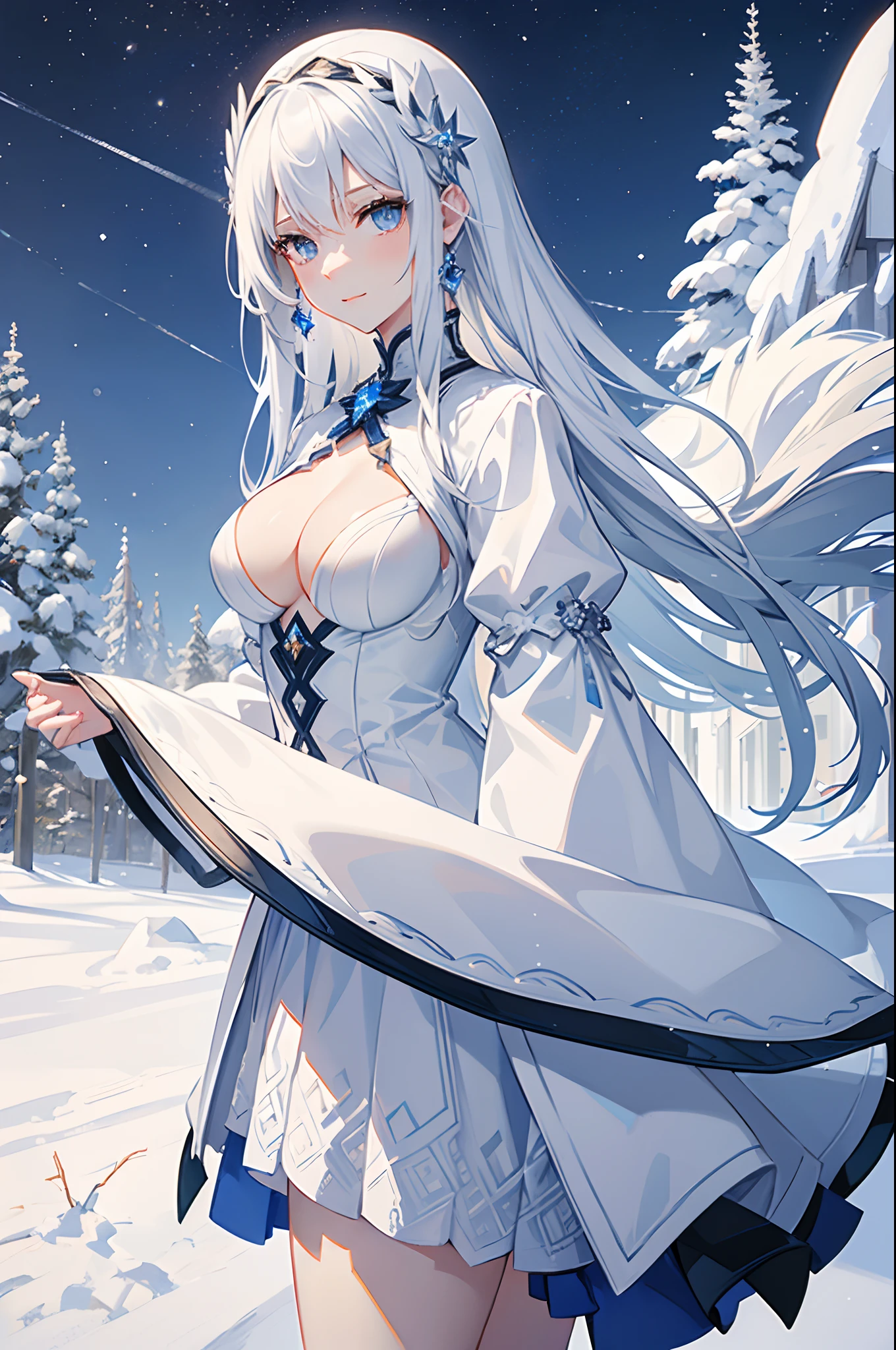 masterpiece, highlydetailed, ultra-detailed, cold, solo, (1girl), (pale skin), icyblue eyes, frosty white hair, cool Chara, flat face, young lady, lady chara, medium boobs, Arrogant, confident, cold face, goddess, cool kuudere girl, snowflakes, (frozen flowers:0.5), (calm expression), (sparkling ice crystals), (modern casual clothes), (snow-covered ground), (smile:0.8)