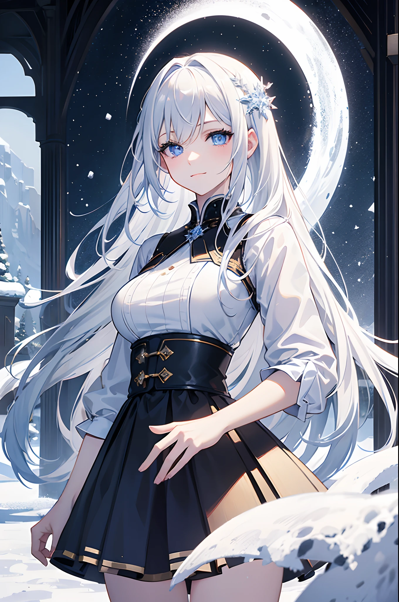 masterpiece, highlydetailed, ultra-detailed, cold, solo, (1girl), (pale skin), icyblue eyes, frosty white hair, cool Chara, flat face, young lady, lady chara, medium boobs, Arrogant, confident, cold face, goddess, cool kuudere girl, snowflakes, (frozen flowers:0.5), (calm expression), (sparkling ice crystals), (modern casual clothes), (snow-covered ground), (smile:0.9)
