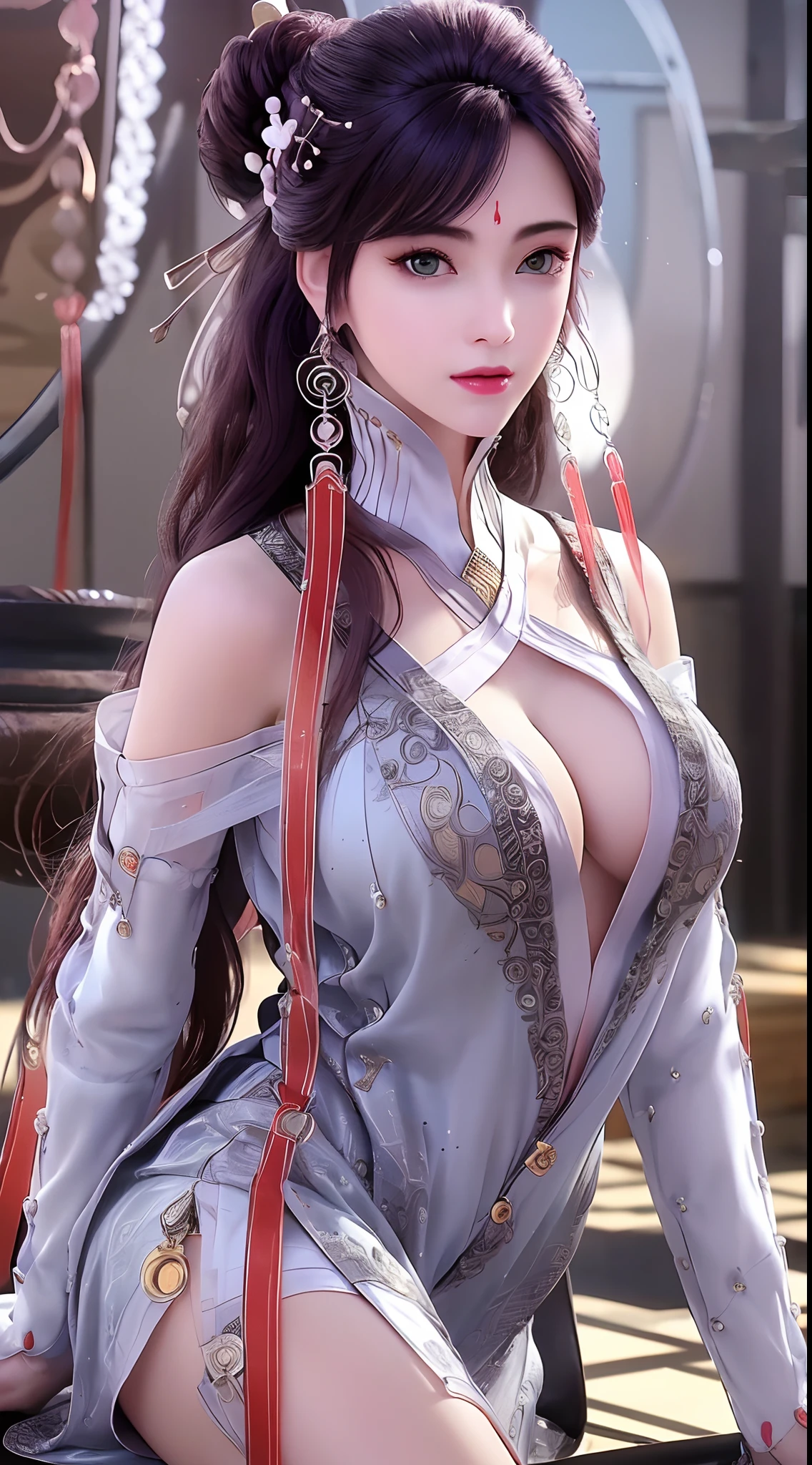 1 beautiful and sexy 20 year old girl, ((ultra-thin sexy nightgown with deep slits to cover :1.8)), ((full nude:1.6)), ((The girl wore an off-the-shoulder dress that revealed her cleavage and exposed her breasts beautifully:1.8)), ((long black hair:1.8)), bangs, elaborate jewelry made from precious stones and beautiful hair, the noble, noble style of an extremely girl beautiful, very pretty and lovely face, ((bright face:1.2)), very pretty face, thin eyebrows, eyes are so beautiful and perfect, flawless beautiful face, ((black pupil: 0.8)), very beautiful eyes, ((eyes silver: 1.5)), ((light purple eyeshadow makeup is very attractive and devilish:1)), beautiful makeup and detailed hairdo, eyelashes, steamy eye makeup, high nose, earrings, plump red lips, beautiful and balanced lips, ((closed mouth: 1.5)), slim hands, beautiful thighs best, ((Sitting position, chest puffed out and arms behind: 1.6)), ((unbutton the girl's shirt:1.6)), ashamed, rosy face, clean face, flawless beautiful face, smooth white skin, (big breasts: 1.3)), ((high breasts: 1.6)), firm breasts, beautiful cleavage, (((big and super round breasts: 1.5))), ((super tight breasts: 1.5)), beautiful breasts, busty breasts, perfect body, thrust your chest forward, 8k photo, super high quality, hyper realistic, super 10x pixels, optical, studio bright, edge bright, two-tone lighting, (high detail skin: 1.2), super 8k, soft light, high quality, volumetric light, optical, high resolution optical, light, best photo, 8k quality, smooth sharpness, (((bright white skin, super bright background: 1.2))), (((super bright skin:1.5))), bright colors harmonious light, ((red flower background:1.5)), aurora, lightning, surreal graphics, most realistic graphics, alone, solo, Extremely sharp, surreal images, look at the beautiful girl's body, (((frontal portrait: 1.2)))."
