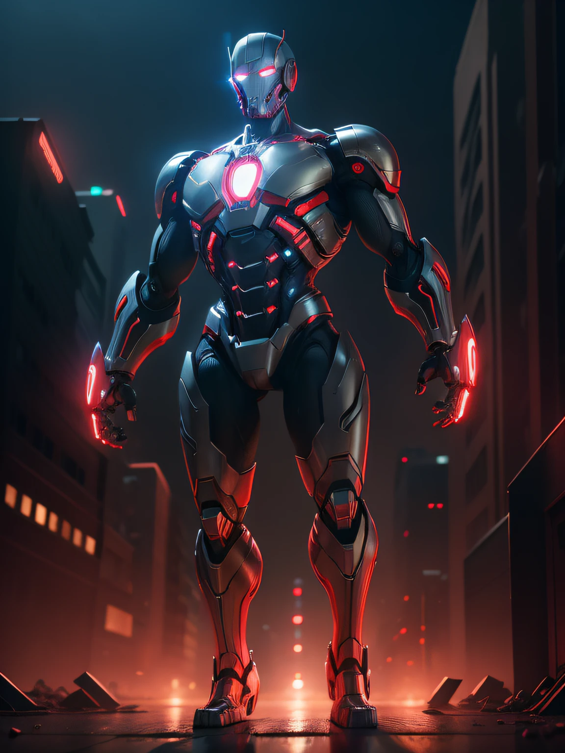 Superman, WARFRAME, intricate pattern, heavy metal, energy lines, faceless, glowing eyes, elegant, intense, blood red and black uniform, solo, modern, city, streets, dark clouds, thunderstorm, heavy rain, dramatic lighting, (masterpiece:1.2), best quality, high resolution, beautiful detailed, extremely detailed, perfect lighting,(full body, (dynamic pose), action pose), (rim lighting, studio lighting, distant moon light, night, bloom), (cinematic, best quality, masterpiece, ultra HD textures, highly detailed, hyper realistic, intricate detail, 8k, photorealistic, concept art, matte painting, autodesk maya, vray render, ray tracing, hdr), (dslr, full frame, 16mm focal length, f/8 aperture, dynamic perspective, dynamic angle, golden ratio, wide photography, wide field of view, deep depth of field, zoom out) techwear, urbansamurai 3d, realistic cyborg in a cyberhelmet head