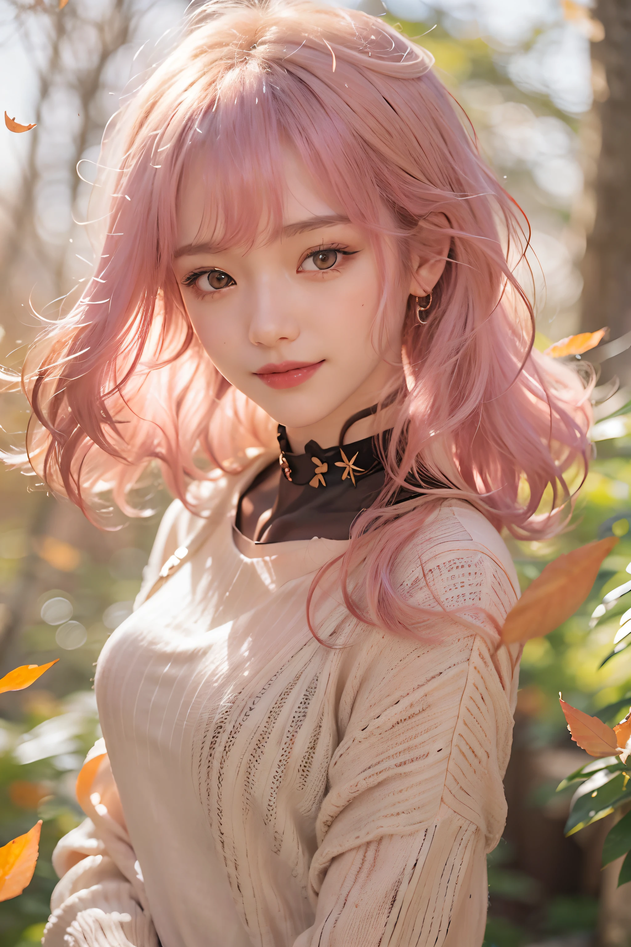 ((Extra Upper Shot))、(looking at view)、1girl in、in her 20s、(Pink hair)、((Medium hair))、(bangss)、(The best smile)、(Photoreal Stick:1.2)、in 8K、high-level image quality、(High quality shadows)、Detail Beautiful delicate face、Detail Beautiful delicate eyes、pureerosface_v1、gloweyes、(Red lipstick close to orange)、perfectbody、Perfect Style、(a choker)、(Brown eyes)、 (strong lights)、Shiny hair、Description beautiful delicate hair、(Lustrous skin)、(White sweater)、 (early evening)、A walk in the forest of autumn leaves、Falling leaves、Background blur、电影灯光、Sunlight、