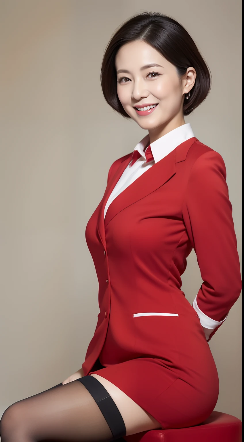 Masterpiece,Best quality, (maam. clerk:1), ((Portrait:1.3)), Cross arms， Smile，Red professional attire，Long legs，skin hyper-detail，Clear pores，in a panoramic view，Cocked buttocks，black lence stockings，Beautiful young Japanese woman over 40 years old,  Perfect face, Fantastic look,  (Detailed facial features),  Clean and nice face，