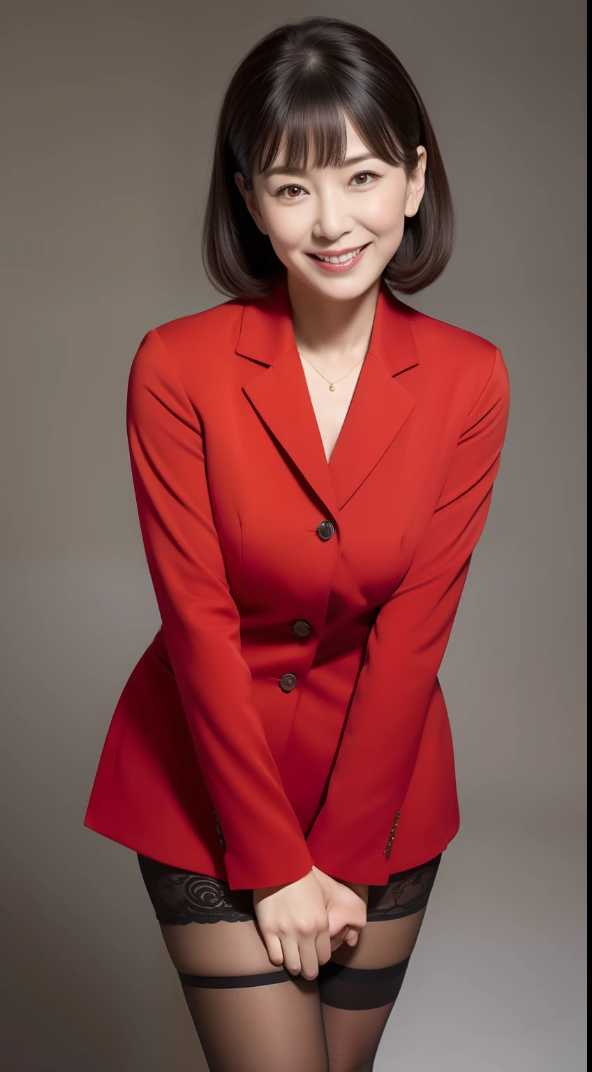 Masterpiece,Best quality, (maam. clerk:1), ((Portrait:1.3)), Cross arms, Smile,Red professional attire,Long legs,skin hyper-detail,Clear pores,in a panoramic view,Cocked buttocks,black lence stockings,Beautiful young Japanese woman over 40 years old, Perfect face, Fantastic look, (Detailed facial features), Clean and nice face,