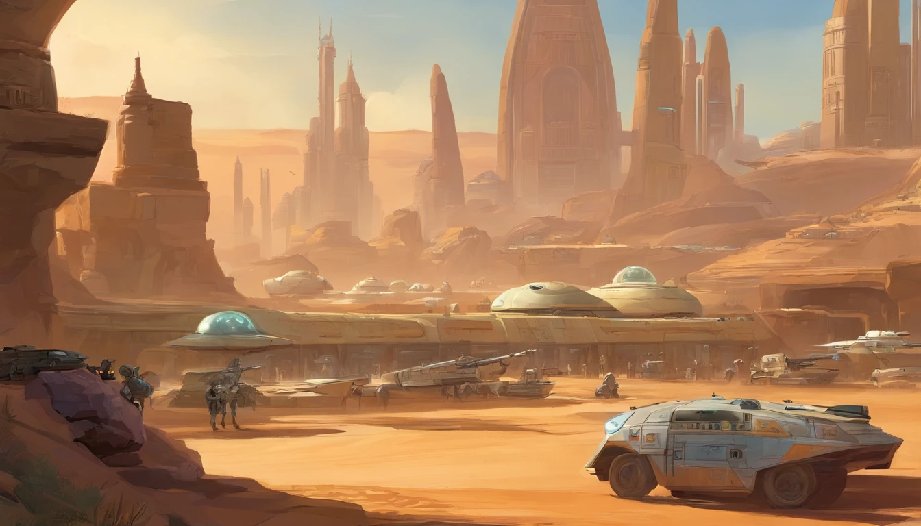 (((Masterpiece))), ((Best Quality)), ((Ultra-detailed)), (CG illustration), (Extremely treacherous and beautiful)), Planet Tatooine, The city, busy street, bar, A crowd in beautiful outfits and expensive accessories, parked expensive cars, concept art by Magalie Villeneuve, trending on cg society, filmstill """Star Wars""": The Old Republic", concept art by Ralph McQuarrie