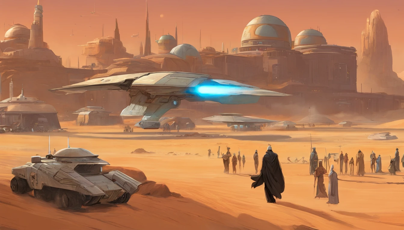 (((Masterpiece))), ((Best Quality)), ((Ultra-detailed)), (CG illustration), (Extremely treacherous and beautiful)), Planet Tatooine, The city, busy street, bar, A crowd in beautiful outfits and expensive accessories, parked expensive cars, concept art by Magalie Villeneuve, trending on cg society, filmstill """Star Wars""": The Old Republic", concept art by Ralph McQuarrie