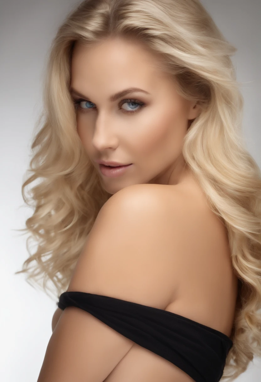 Beautiful young blonde woman completely naked, avec de gros seins et de grosses fesses, debout sur fond blanc. elle sourit