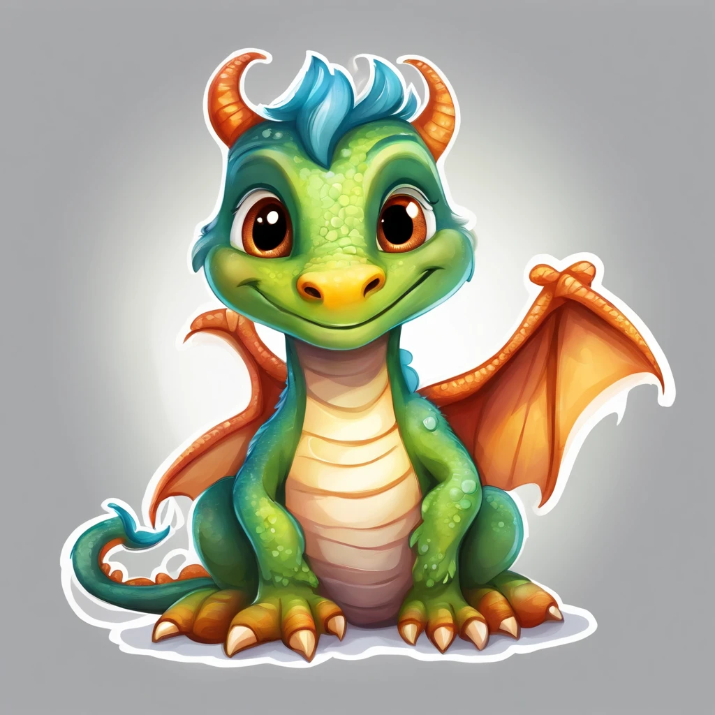 (cute little European Dragon:1.5),character design, sticker design, (cartoon:1.3),(chibi:1.2),(pixar style:1.2),(cute expression:1.1),(big eyes:1.1),(watercolor:1.1),(separated from white background:1.1)