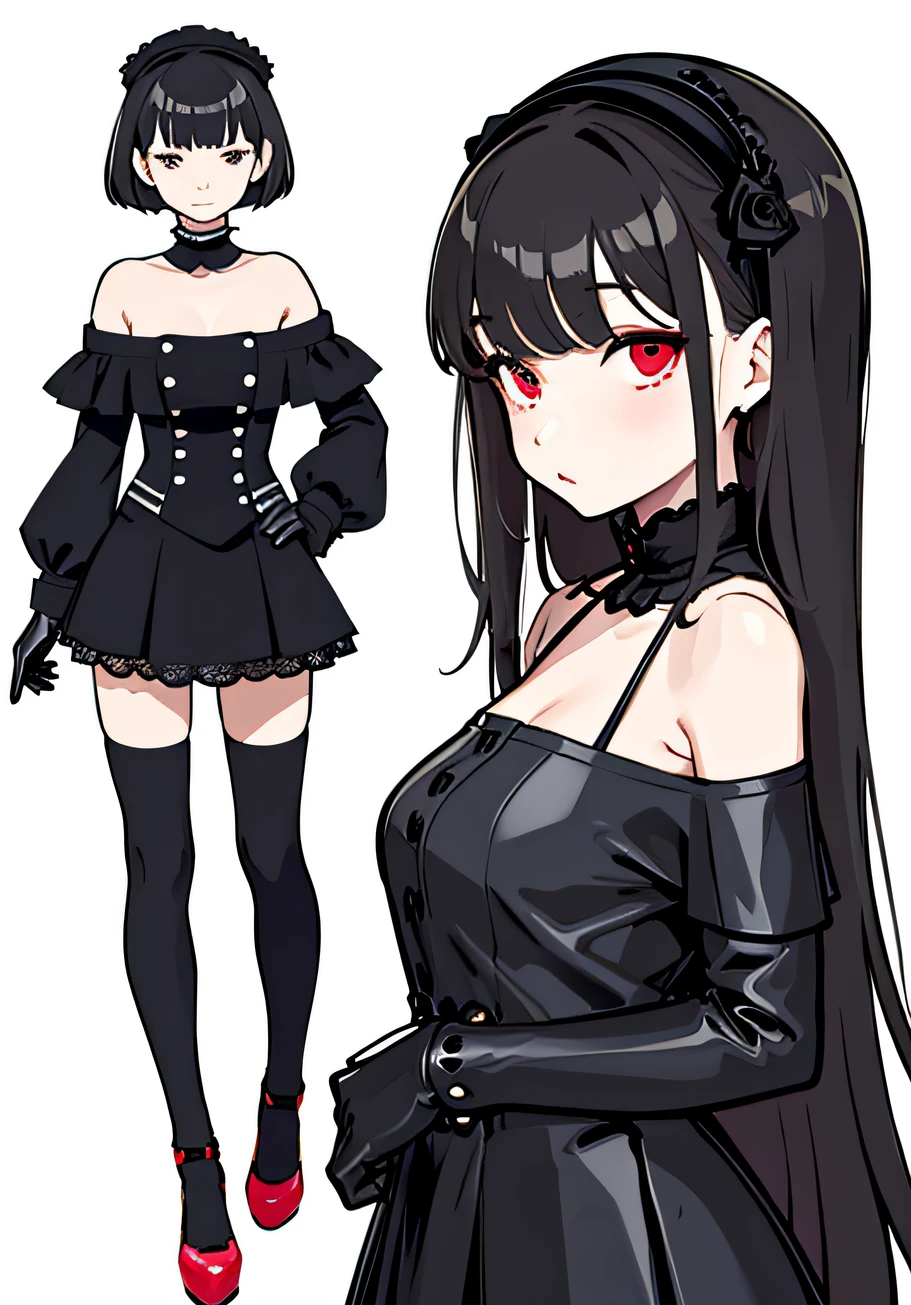 Persona diagram，The waist is very long, indifferent expression，Qi bangs，Lace off-the-shoulder black skirt，long-sleeved gloves，Ruffled black hot pants，crape，Black heels，Red sole（From the front：1.3），