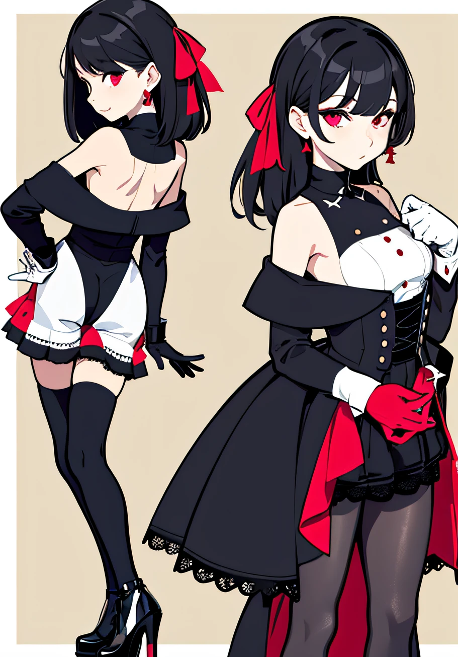 Persona diagram，The waist is very long, indifferent expression，Qi bangs，Lace off-the-shoulder black skirt，long-sleeved gloves，Ruffled black hot pants，crape，Black heels，Red sole（From the front：1.3），