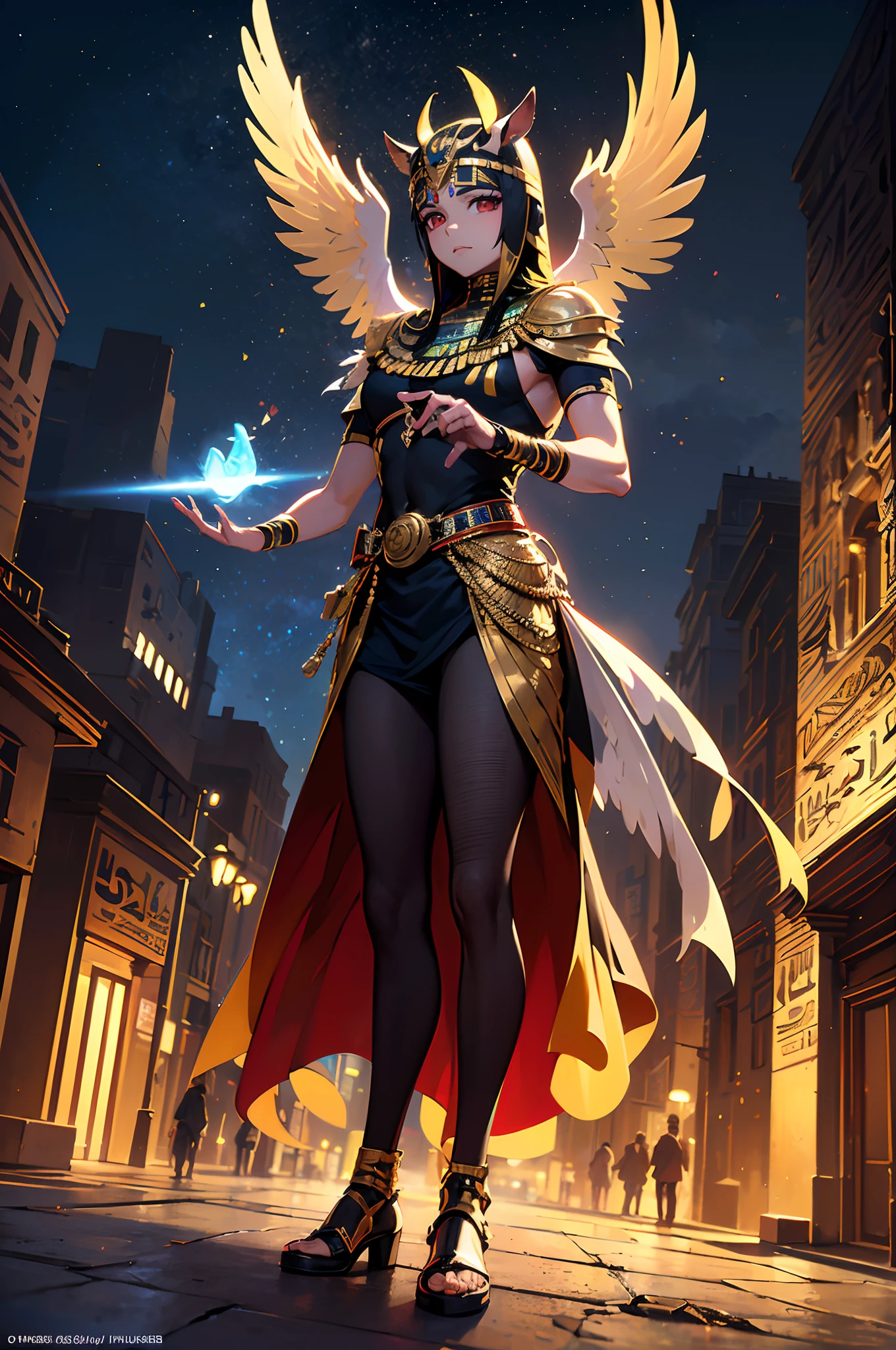 (Dynamic Angle:1.1), (Colorful:1.2), (Highly detailed CG Unity 16K wallpaper:1.1), (Denoising strength: 1.45), (tmasterpiece:1.37), ((Official art)), of the highest quality, (Realistic), Deformed Character, (Hawk-headed boy:1.2),(Costume of the Egyptian god Horsus:1.5),hawk,Glowing eyes,(red eyes:1.2),((Poses in motion:1.1)),((Holus Costume:1.3)),wires, (LED:1.3), (a hologram:1.2), Streets of Egypt, Neon light, Egyptian buildings, (Night:1.2), (Rainbow Model:1.2), 8K resolution, (Anime style:1.3), Cinematic lighting, chromatic abberation, spark of light, Ray tracing, blending, ultra wide-angle, Hasselblad, (masutepiece), (masutepiece), ((Best Quality)), ((masutepiece)), nffsw