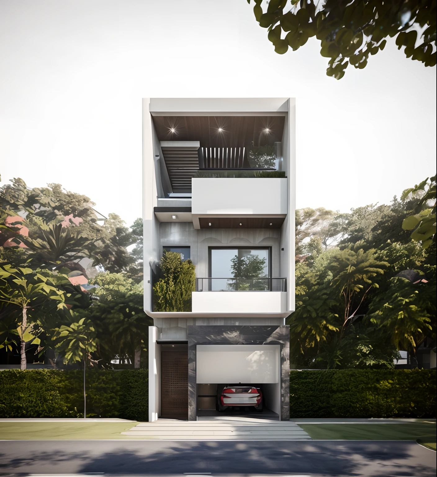 a view of a modern house with a car parked in front of it, overall architectural design, realistic architecture, concept house, architectural rendering, exterior design, inter dimensional villa, wide angle exterior 2022, modern house, high quality rendering, architectural visualization, contemporary house, realistic concept, precise architectural rendering, architectural render, realistic rendering, detailed rendering, professional render