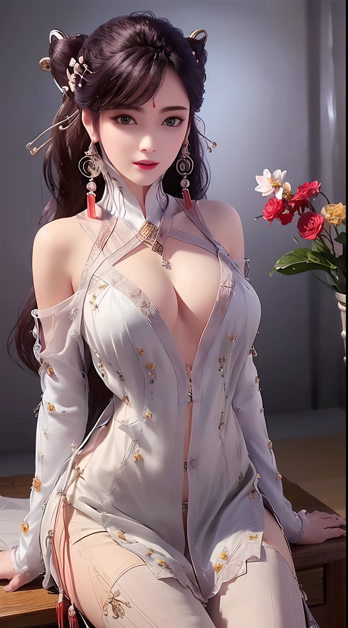 1 beautiful and ???? 20 year old girl, ((ultra-thin ???? nightgown with deep slits to cover :1.8)), ((?????????:1.6)), ((The girl wore an off-the-shoulder dress that revealed her cleavage and exposed her ??????? beautifully:1.8)), ((long black hair:1.8)), bangs, elaborate jewelry made from precious stones and beautiful hair, the noble, noble style of an extremely girl beautiful, very pretty and lovely face, ((bright face:1.2)), very pretty face, thin eyebrows, eyes are so beautiful and perfect, flawless beautiful face, ((black pupil: 0.8)), very beautiful eyes, ((eyes silver: 1.5)), ((light purple eyeshadow makeup is very attractive and devilish:1)), beautiful makeup and detailed hairdo, eyelashes, steamy eye makeup, high nose, earrings, plump red lips, beautiful and balanced lips, ((closed mouth: 1.5)), slim hands, beautiful thighs best, ((Sitting position, ????? puffed out and arms behind: 1.6)), ((unbutton the girl's shirt:1.6)), ashamed, rosy face, clean face, flawless beautiful face, smooth white skin, (???????????: 1.3)), ((high ???????: 1.6)), firm ???????, beautiful cleavage, (((big and super round ???????: 1.5))), ((super tight ???????: 1.5)), beautiful ???????, busty ???????, perfect body, thrust your ????? forward, 8k photo, super high quality, hyper realistic, super 10x pixels, optical, studio bright, edge bright, two-tone lighting, (high detail skin: 1.2), super 8k, soft light, high quality, volumetric light, optical, high resolution optical, light, best photo, 8k quality, smooth sharpness, (((bright white skin, super bright background: 1.2))), (((super bright skin:1.5))), bright colors harmonious light, ((red flower background:1.5)), aurora, lightning, surreal graphics, most realistic graphics, alone, solo, Extremely sharp, surreal images, look at the beautiful girl's body, (((frontal portrait: 1.2)))."