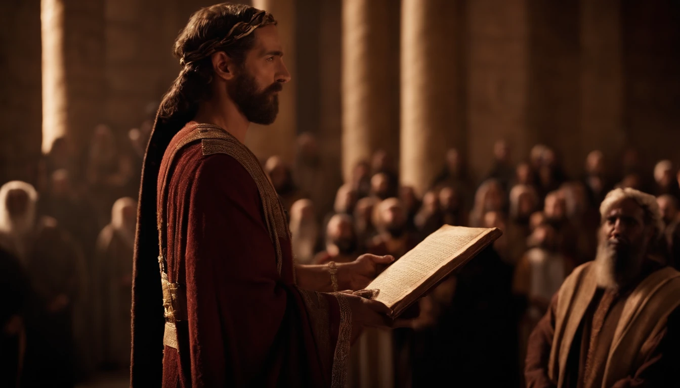 A man named Ezra presenting a papyrus of the laws of Moses in the Assembly, o livro era a lei de deus, Character from the Bible