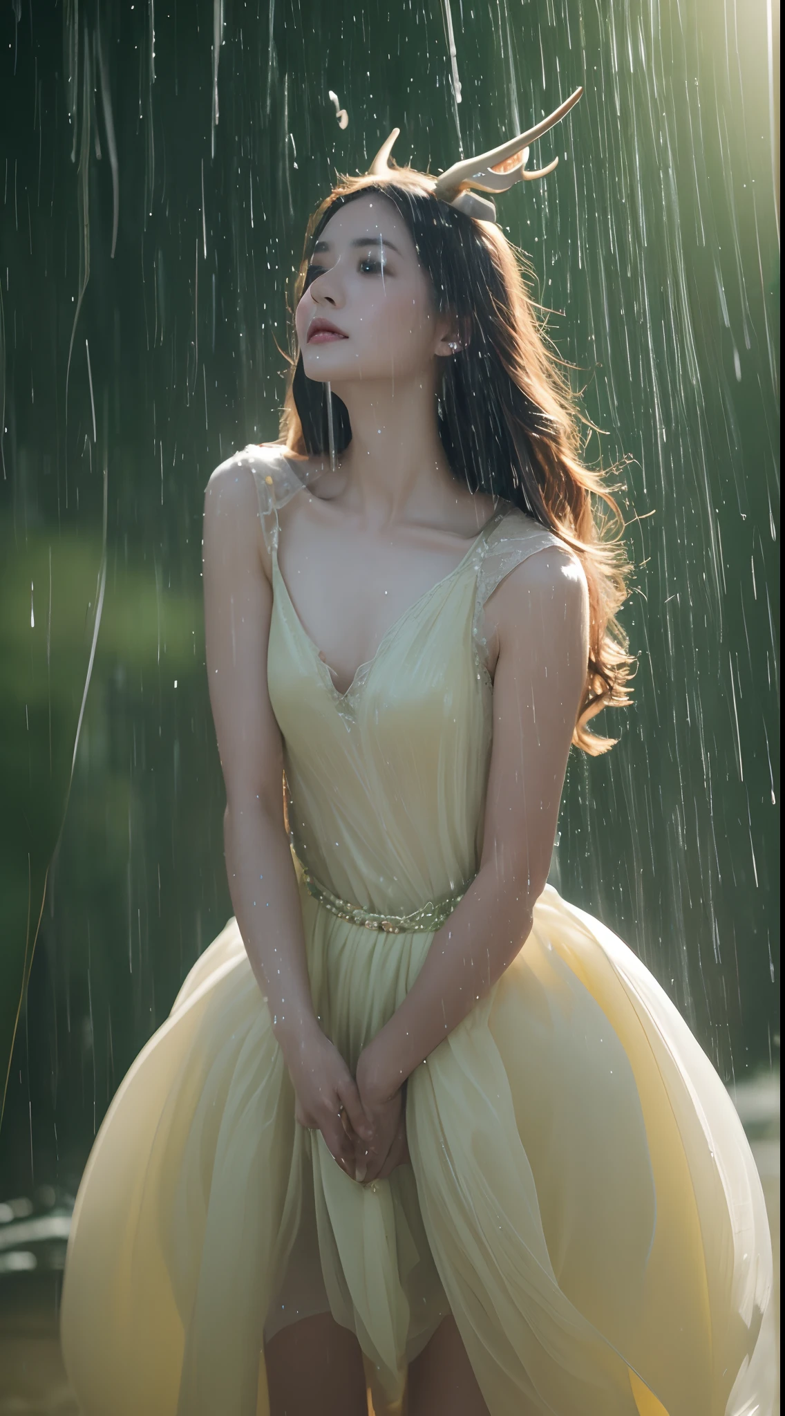 (Best quality,4K,8K,A high resolution,Masterpiece:1.2), Ultra-detailed, (Realistic,Photorealistic,photo-realistic:1.37), Blurred, Green-haired lady, Vertical yellow iris, deer antlers, Swimwear, Soft lighting, Playful and elegant curves, Sharp focus, Extremely detailed, Ethereal, Traditional Chinese landscape painting, Vibrant colors, Gentle lighting, Beads of sweat on fair skin, rainy scene