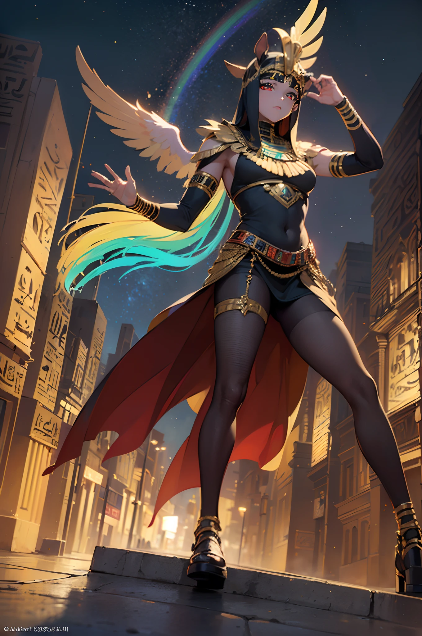 (Dynamic Angle:1.1), (Colorful:1.2), (Highly detailed CG Unity 16K wallpaper:1.1), (Denoising strength: 1.45), (tmasterpiece:1.37), ((Official art)), of the highest quality, (Realistic), Deformed Character, (Hawk-headed boy:1.2),(Costume of the Egyptian god Horsus:1.5),hawk,Glowing eyes,(red eyes:1.2),((Poses in motion:1.1)),((Holus Costume:1.3)),wires, (LED:1.3), (a hologram:1.2), Streets of Egypt, Neon light, Egyptian buildings, (Night:1.2), (Rainbow Model:1.2), 8K resolution, (Anime style:1.3), Cinematic lighting, chromatic abberation, spark of light, Ray tracing, blending, ultra wide-angle, Hasselblad, (masutepiece), (masutepiece), ((Best Quality)), ((masutepiece)), nffsw