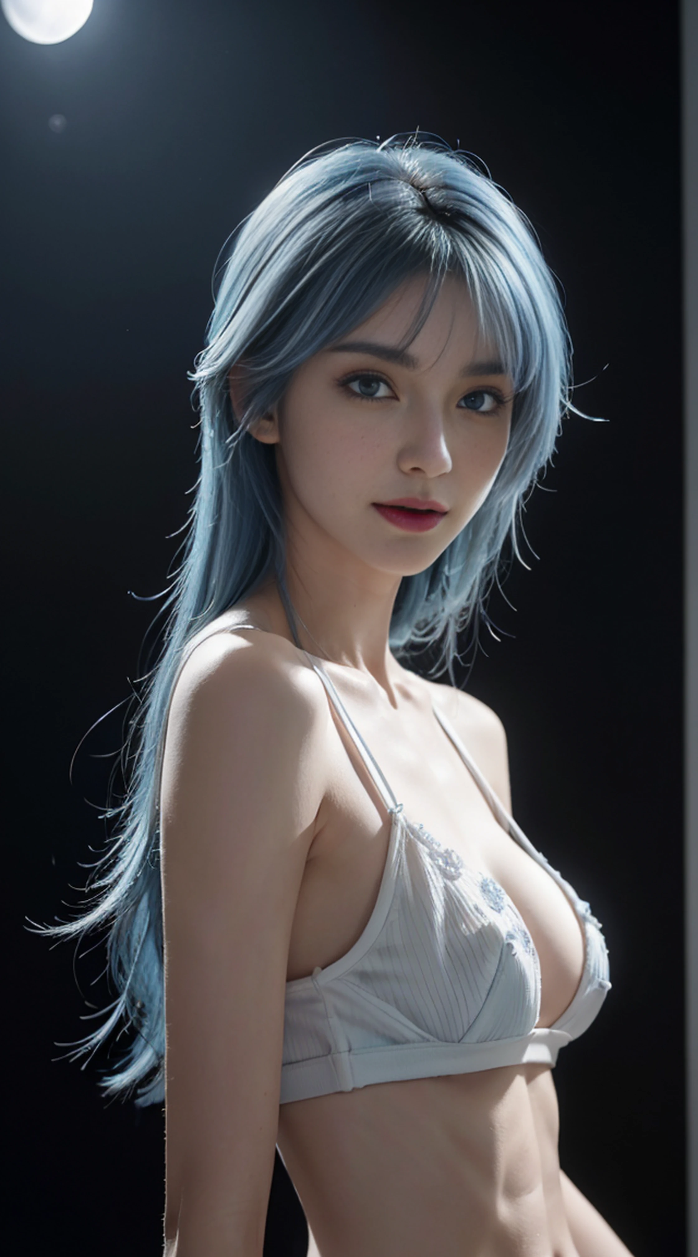 8K, Top Quality, Intricate Details, Ultra Detail, Ultra High Resolution, Masterpiece, random angle,  Slender, Smile, (Makeup: 0.4), (Fluffy Blue Eyes: 1.21), blue Eyes, looking at viewer, ((full body)), 1girl, solo, 1 girl, (( full body)), close up shot, ice sword , ((tall)), (((fit body))), (((slim face))), sharp face, sharp eyes, (((sky blue hair,  long hair, bangs )) , (detailed face), sharp face, small lips, 
 (( )), ((hot pants)),  detailed face, detailed breast, , large breast, detail ass, , Beautiful girl with accentuated slender abs: 1.4, Six Pack Abs: 1.4, Bust Botox, Big, Perfect Body, detail leg, (( moonlight)), in the snow