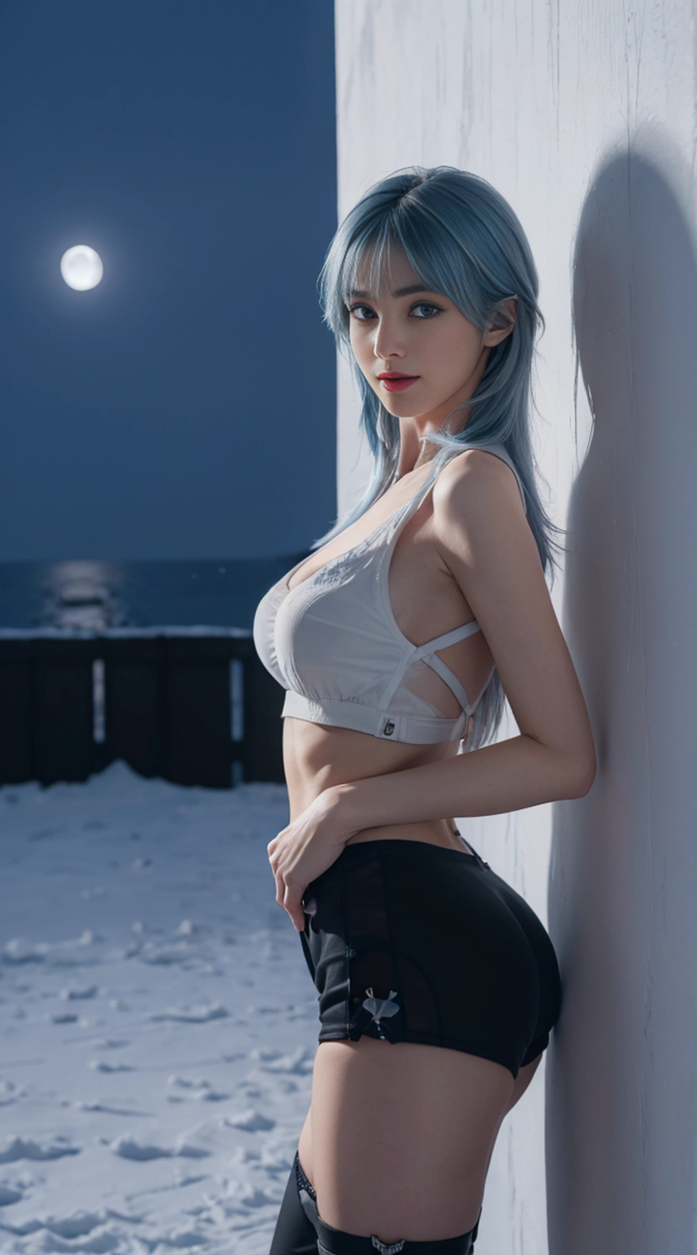 8K, Top Quality, Intricate Details, Ultra Detail, Ultra High Resolution, Masterpiece, random angle,  Slender, Smile, (Makeup: 0.4), (Fluffy Blue Eyes: 1.21), blue Eyes, looking at viewer, ((full body)), 1girl, solo, 1 girl, (( full body)), close up shot, ice sword , ((tall)), (((fit body))), (((slim face))), sharp face, sharp eyes, (((sky blue hair,  long hair, bangs )) , (detailed face), sharp face, small lips, 
 (( )), ((hot pants)),  detailed face, detailed breast, , large breast, detail ass, , Beautiful girl with accentuated slender abs: 1.4, Six Pack Abs: 1.4, Bust Botox, Big, Perfect Body, detail leg, (( moonlight)), in the snow