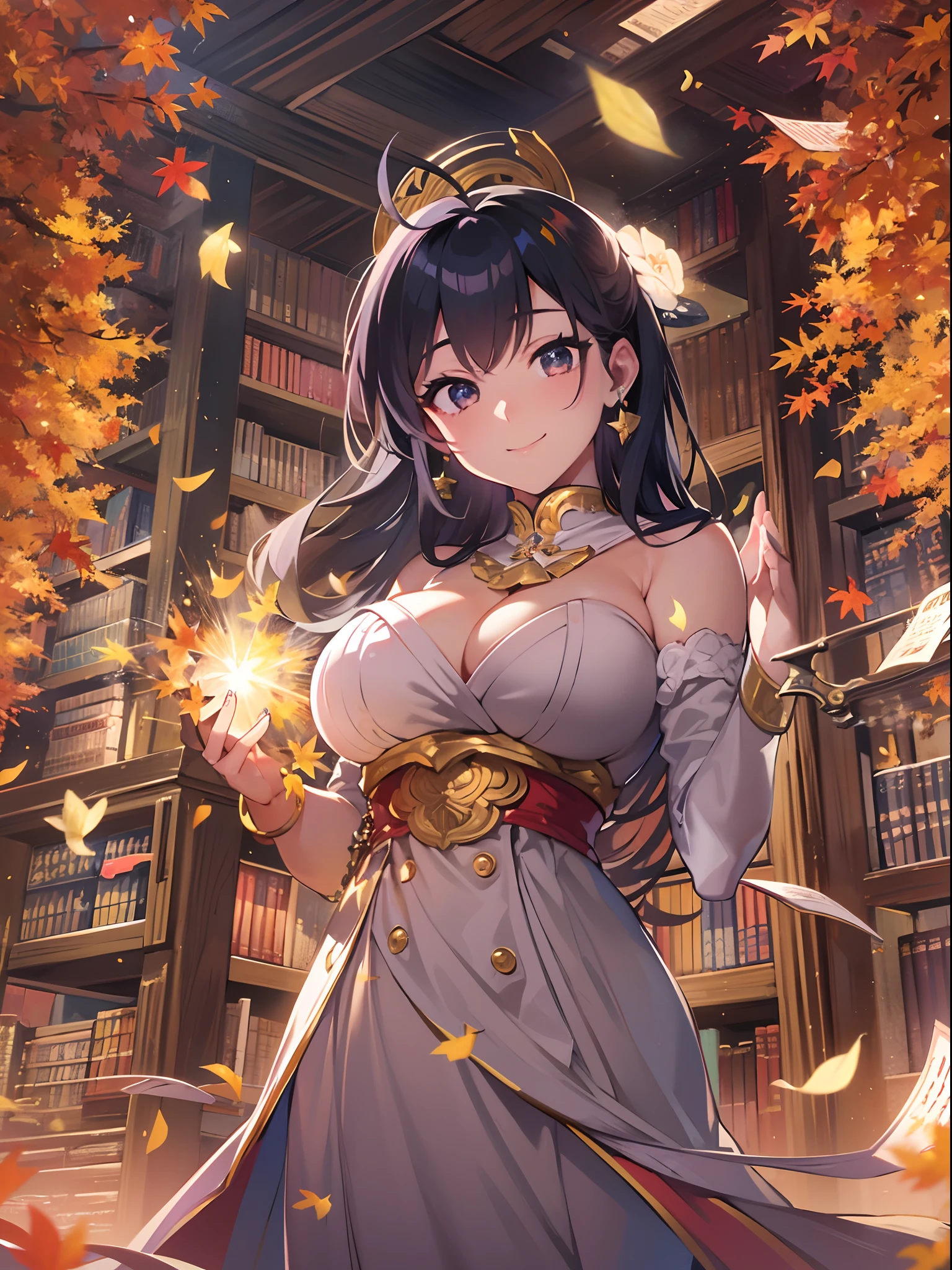 masutepiece, Best Quality, Ultra-detailed, Extremely detailed, 4K, 8K, Best Quality, Beautiful, Library, Autumn, Beautiful adult woman, Solo, Goddess of Art, Beautiful black hair, Beautiful black eyes, Ahoge,(huge-breasted:1.3), lightsmile, sparkling effect
